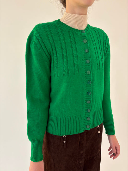 Cardigan vintage gros verde tare tip jachetă din lana fina plină
