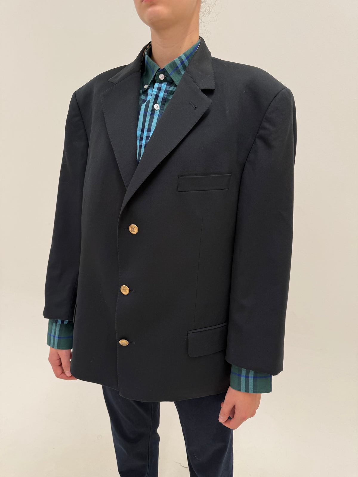 Sacou Burberry cu nasturi metalici aurii cu logoul brandului plus size din lana extrafina