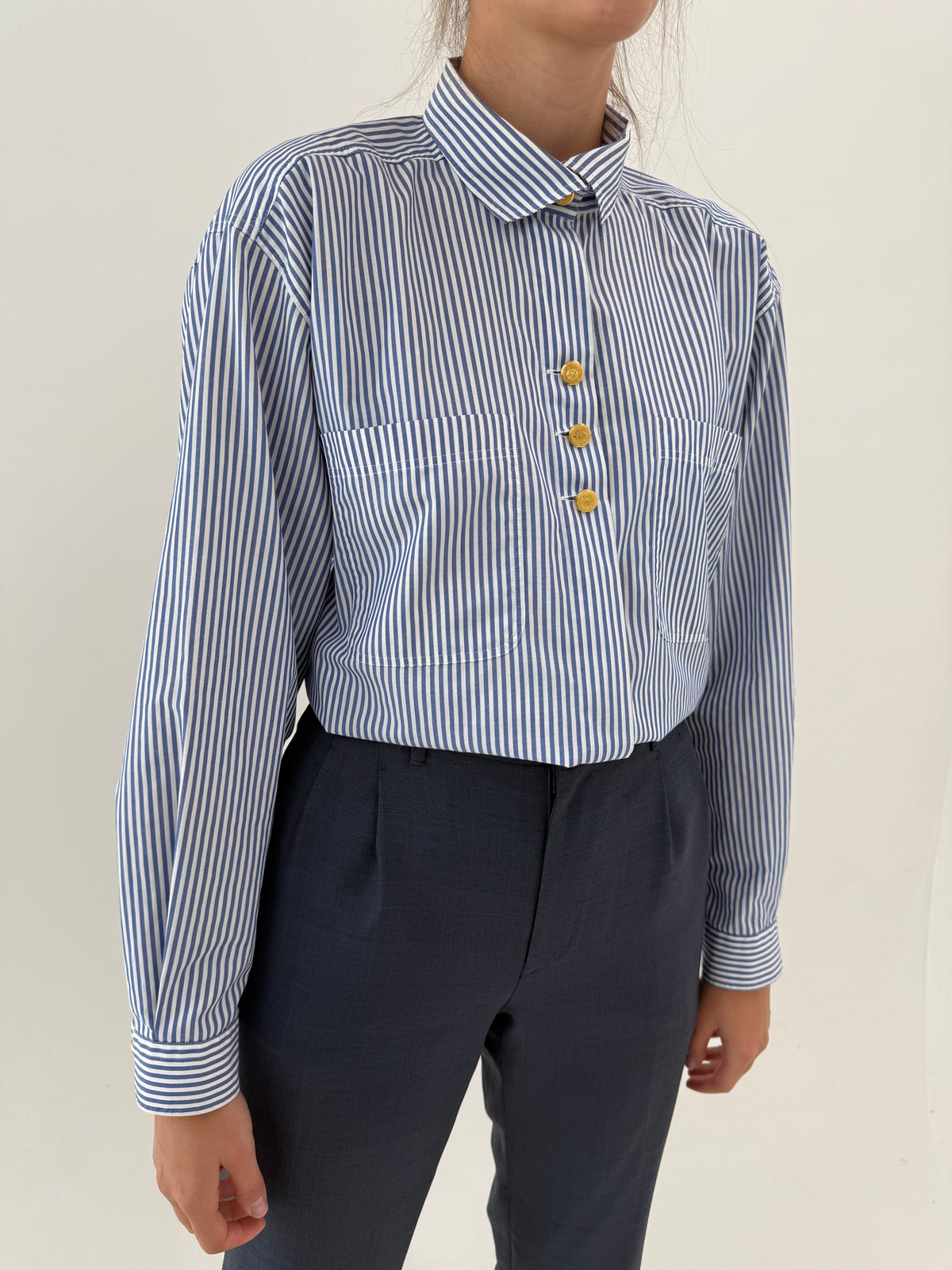 Cămașa vintage ultra chic în dungi Navy gone verticale din poplin de bumbac