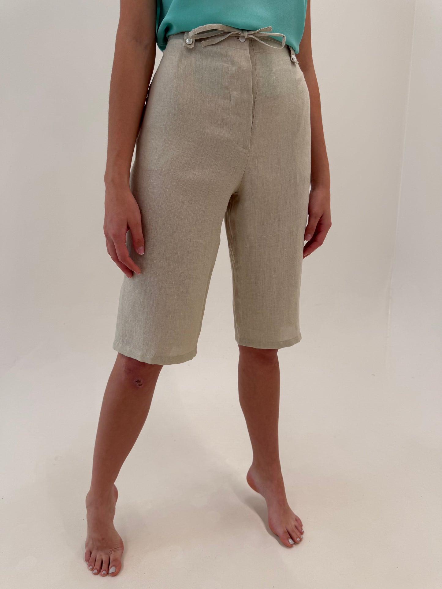 Pantaloni camel italienești din in premium cu talie reglabilă
