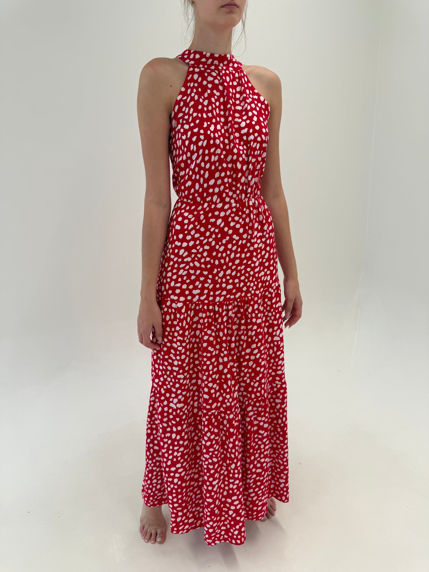 Rochie maxi tall cherry red în croi deosebit vaporoasă