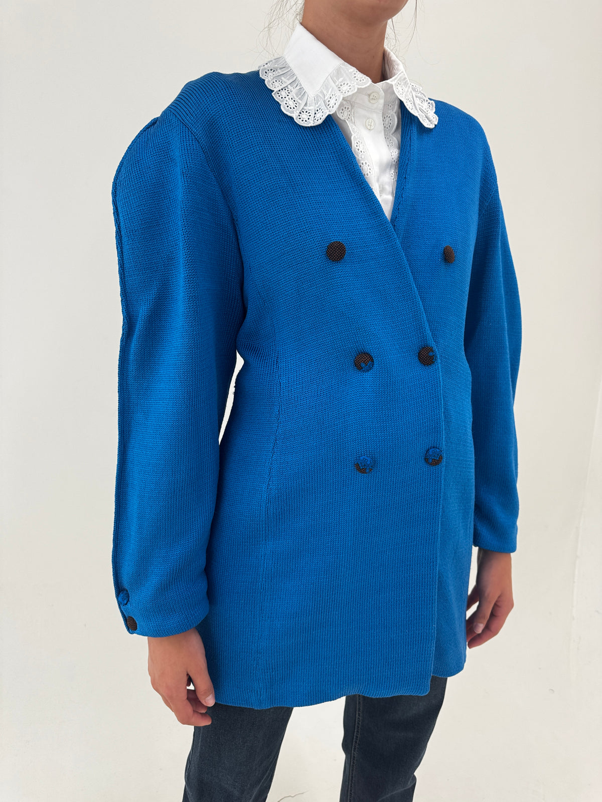 Pardesiu vintage din tricot gros de mătase naturală albastru regal