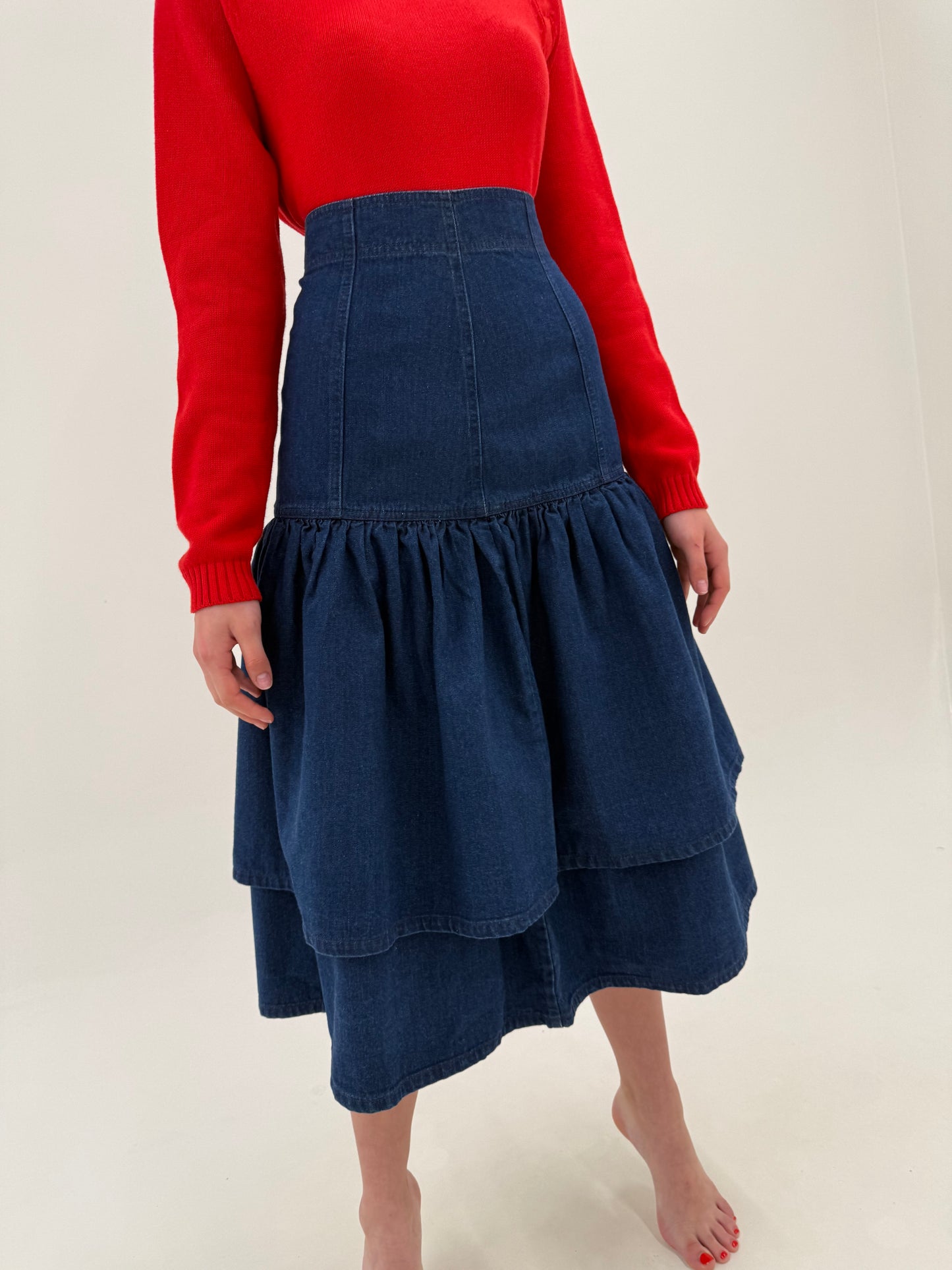 Fustă vintage maxi de designer din jeans în croi spectaculos