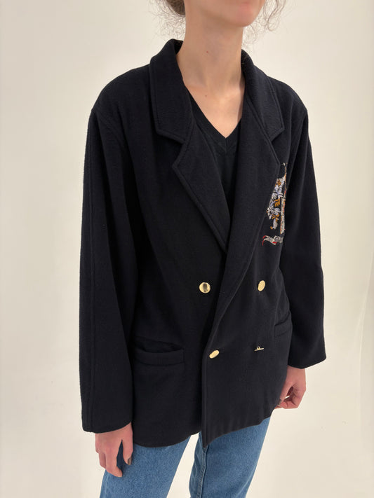 Sacou vinatge Navy blue din stofa plină de cașmir cu lana și emblema brodată