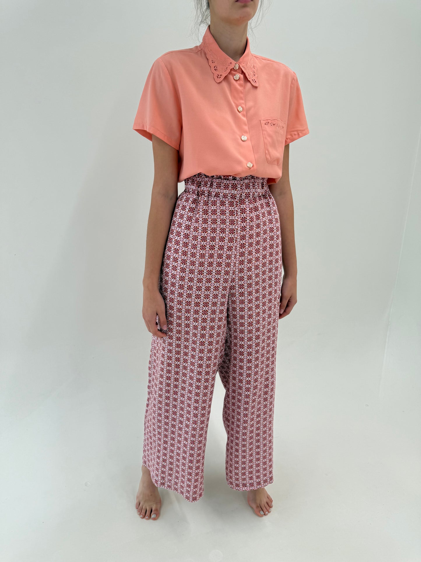 Pantaloni palazzo din in cu talie ultra înaltă cu print geometric