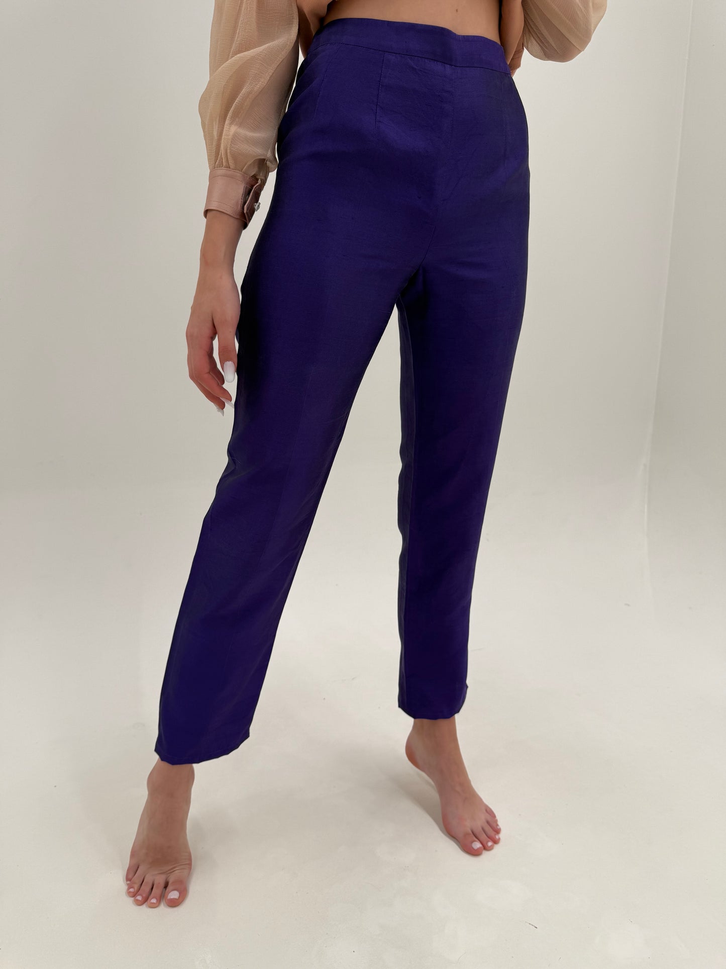 Pantaloni indigo purple tigareta din mătase naturală dupioni de la zi la seară