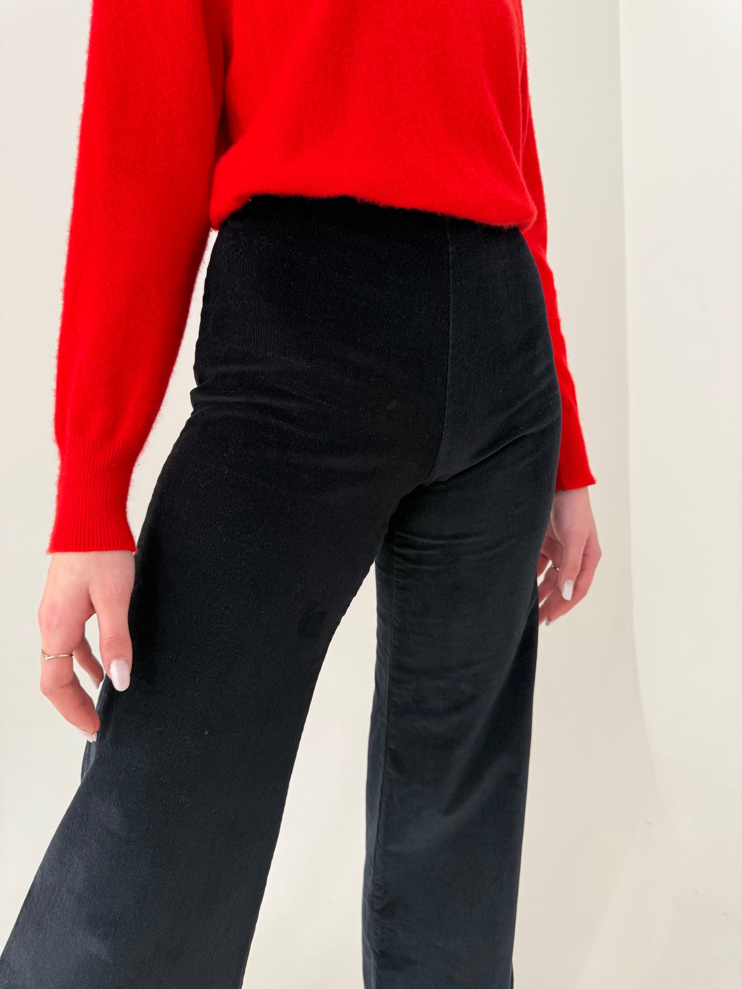 Pantaloni negri palazzo din catifea raiata subțire de bumbac confort