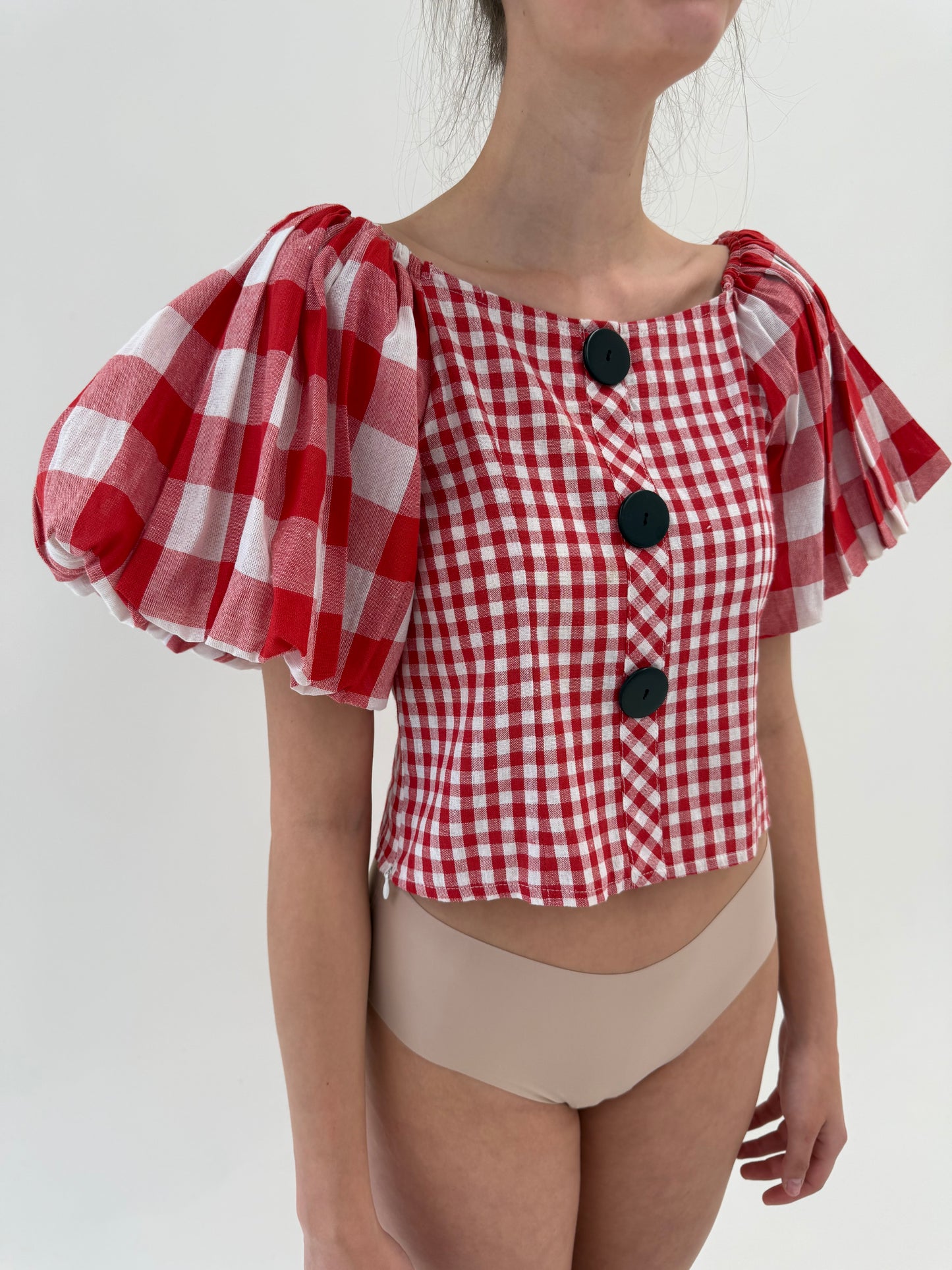 Corsaj vintage gingham cu mâneci bufante din pânză excepțională de in