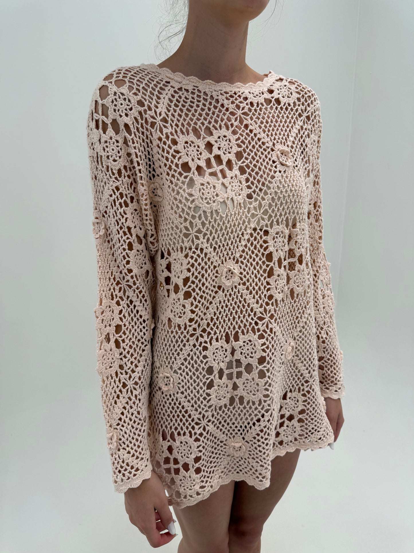 Soft knit de vară din macrame lucrat manual powder Pink de in și bumbac