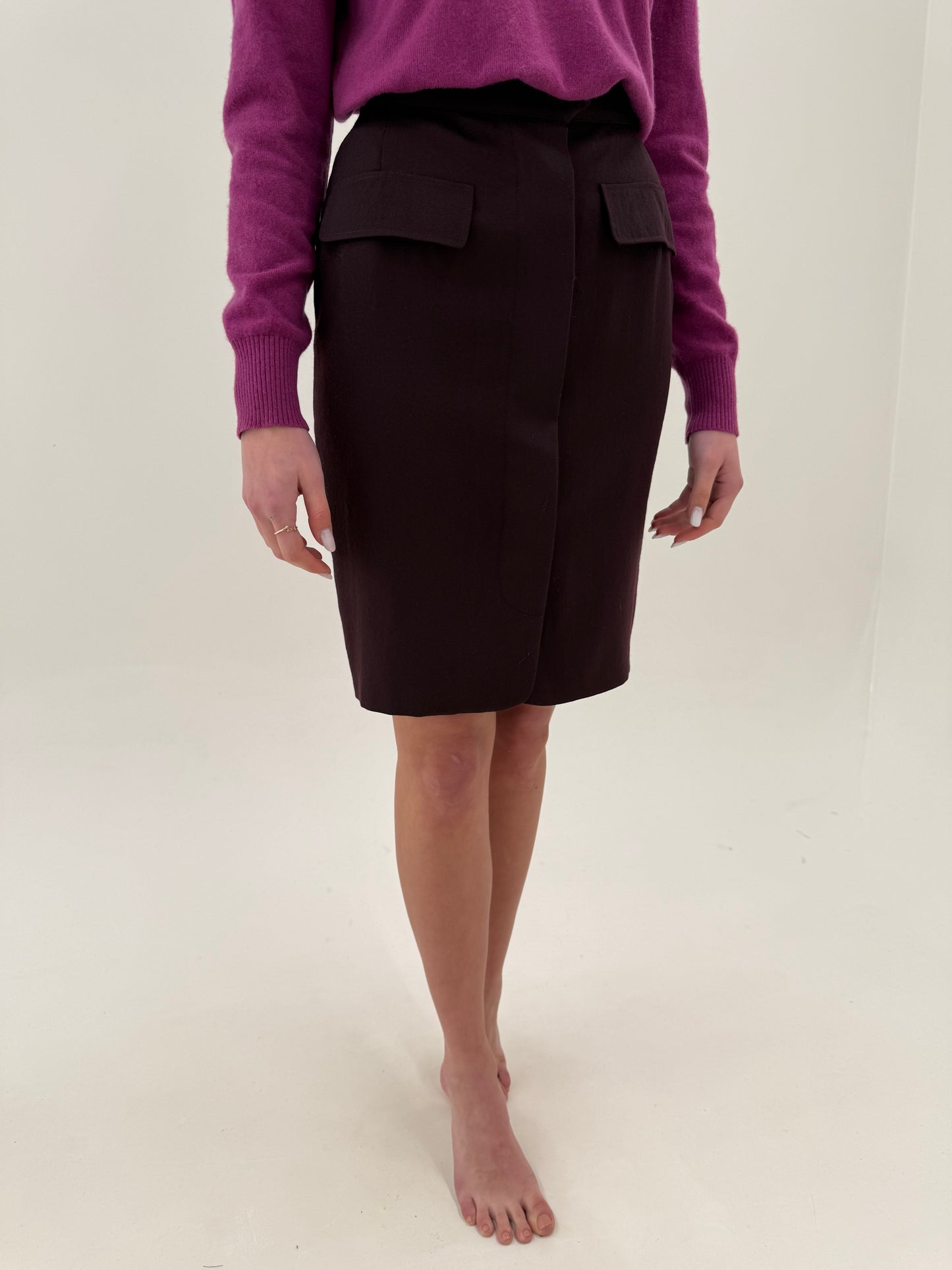 Fustă conică cu talie ultra înaltă din lana extrafina aubergine