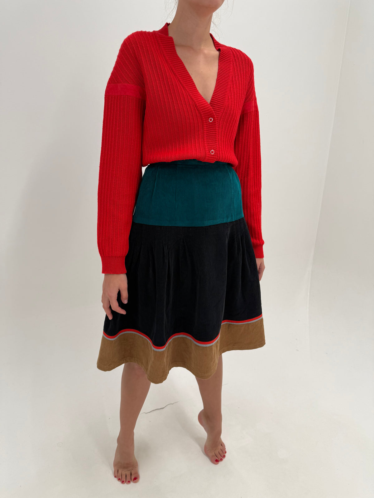 Fustă vintage midi din catifea plina raiata colorblock retro modernă