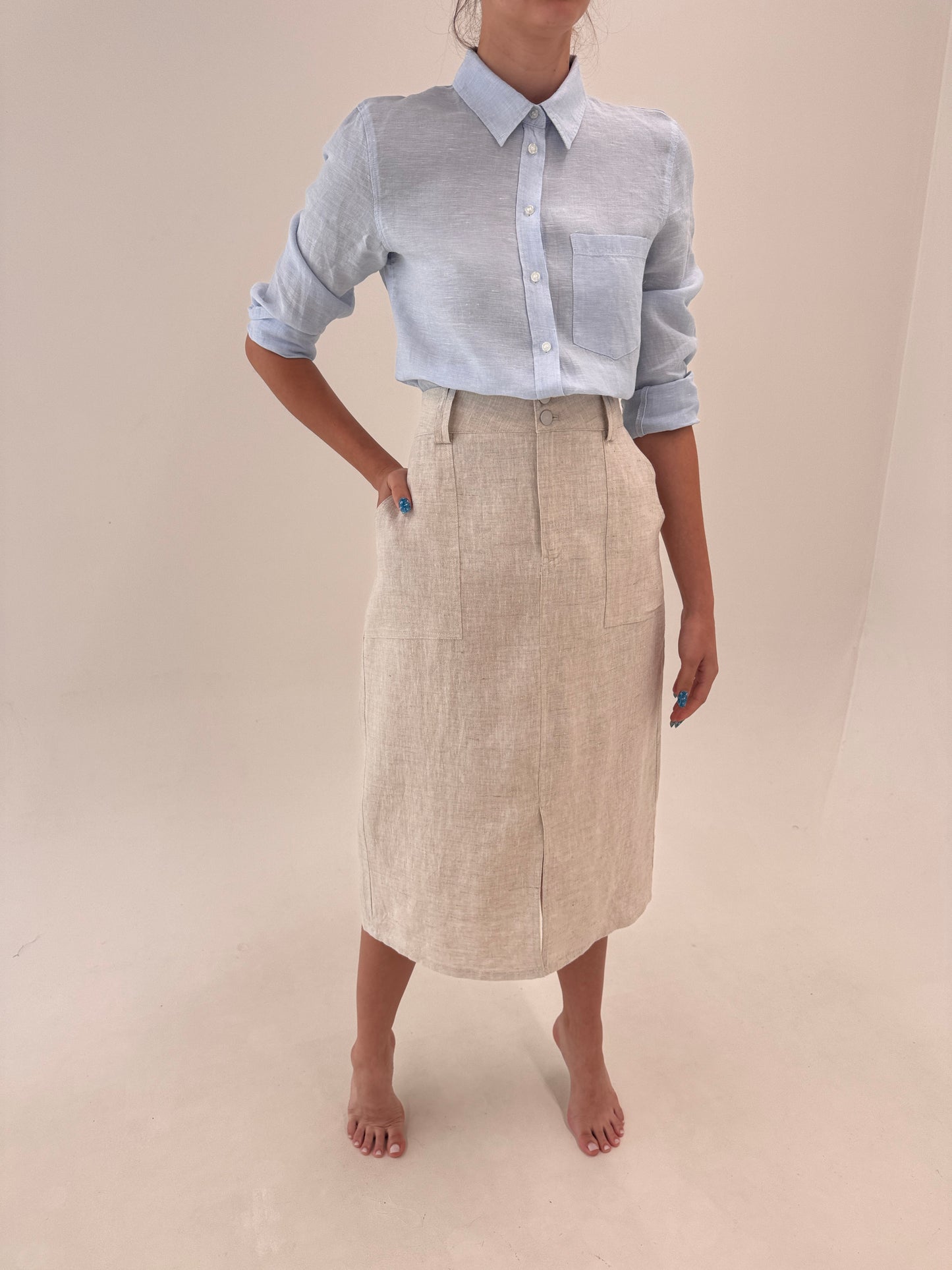 Fustă sand nude în croi minimalist midi lung cu talie ultra marcată din în premium