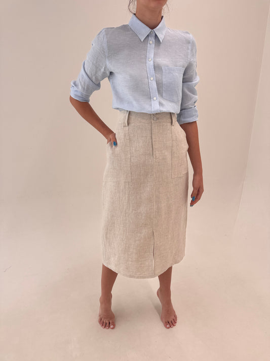 Fustă sand nude în croi minimalist midi lung cu talie ultra marcată din în premium