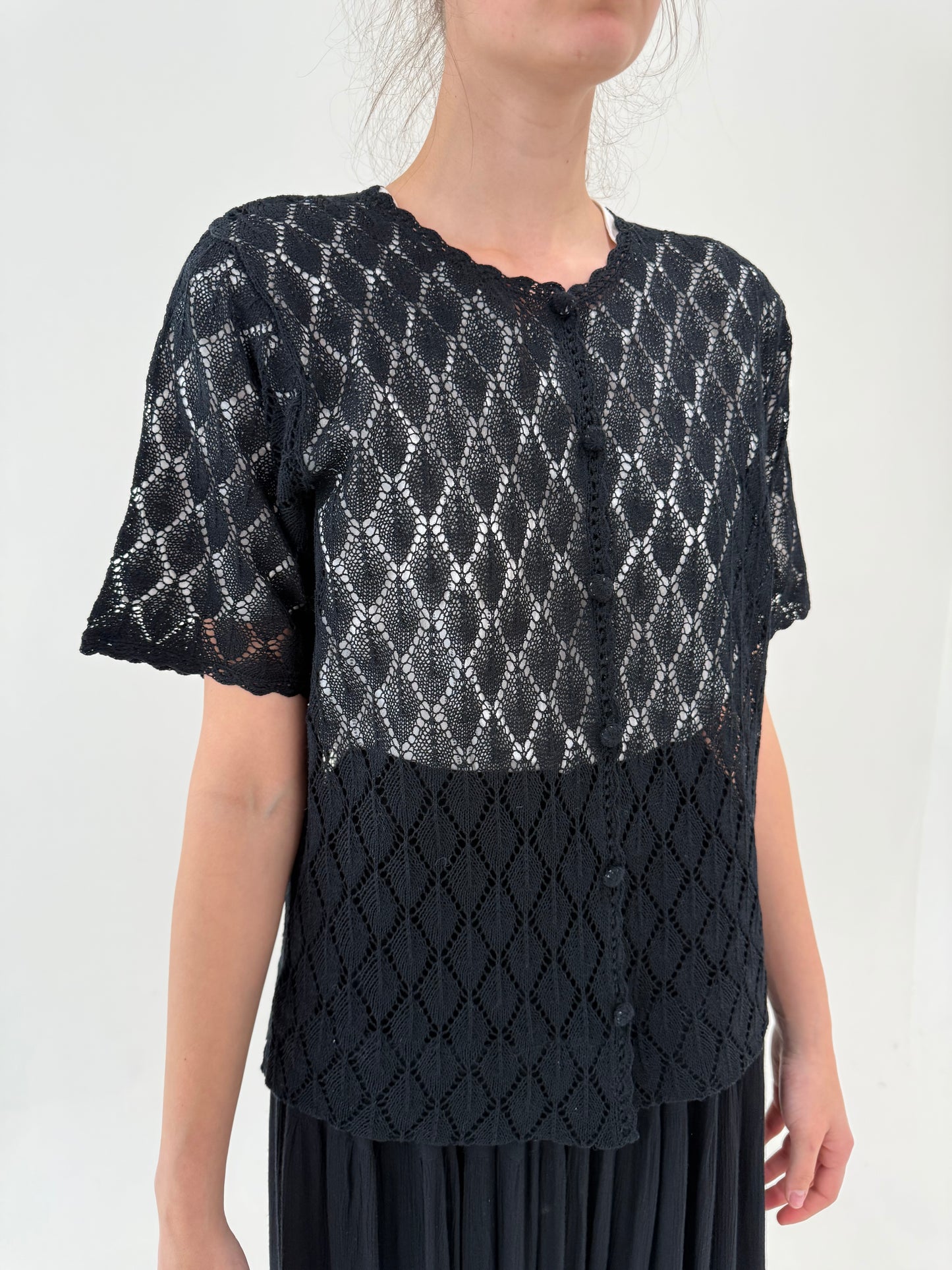 Top din bumbac macrame negru dantelat excepțional