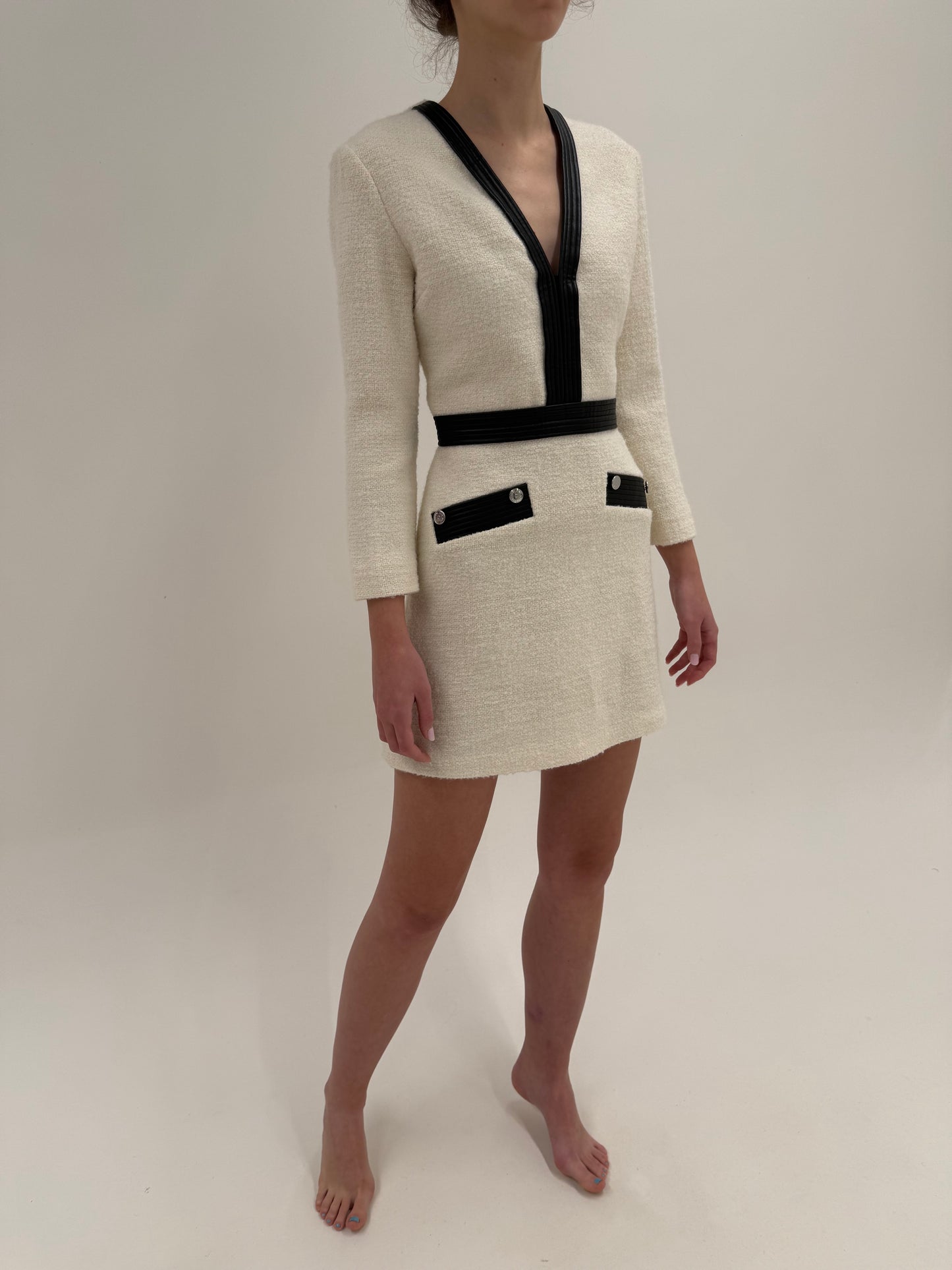 Rochie Maje din tweed de lana cu talie ultra înaltă marcată