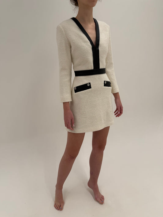 Rochie Maje din tweed de lana cu talie ultra înaltă marcată