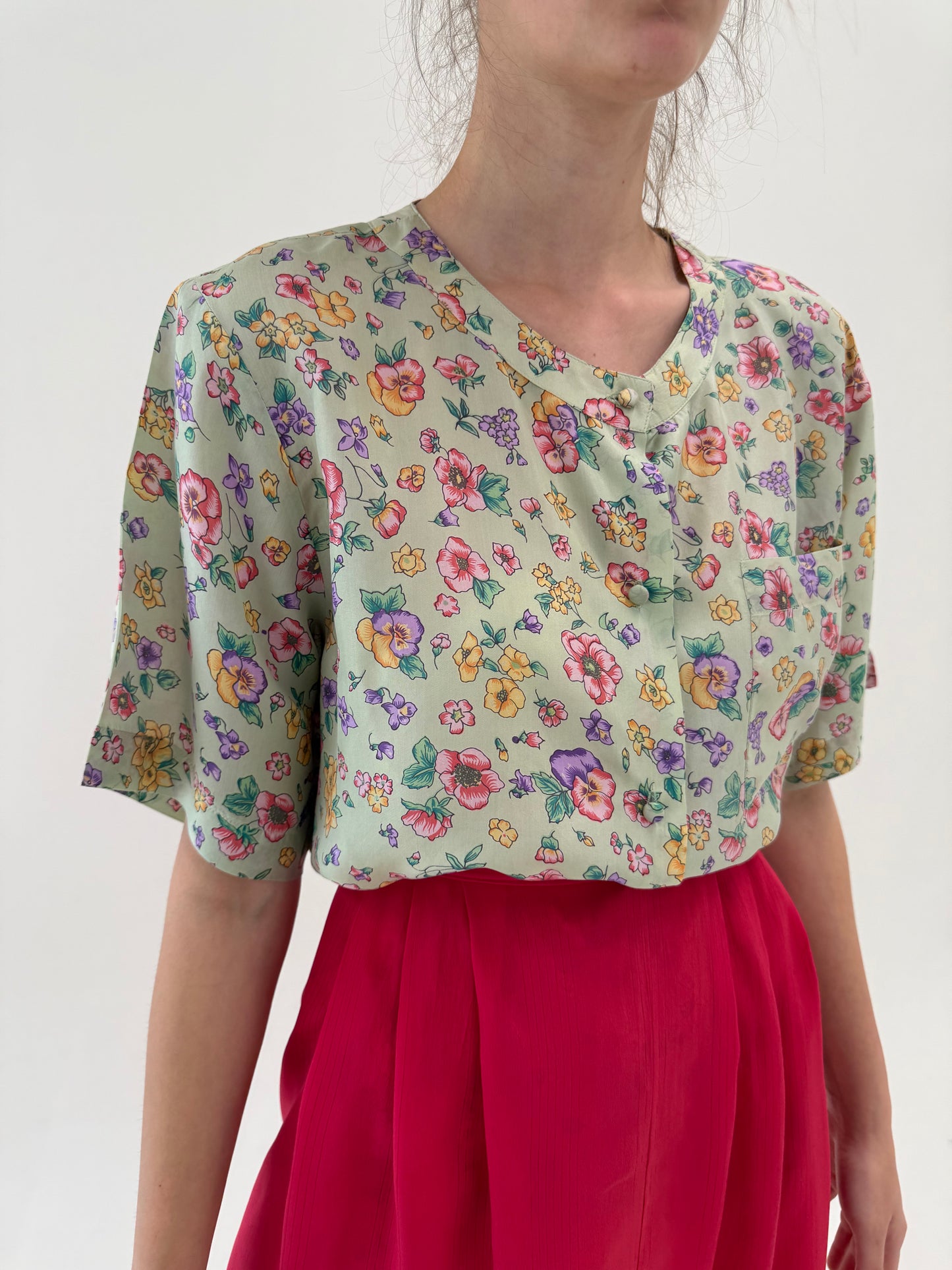 Top vintage mint green cu print floral din mătase naturală în croi oversized