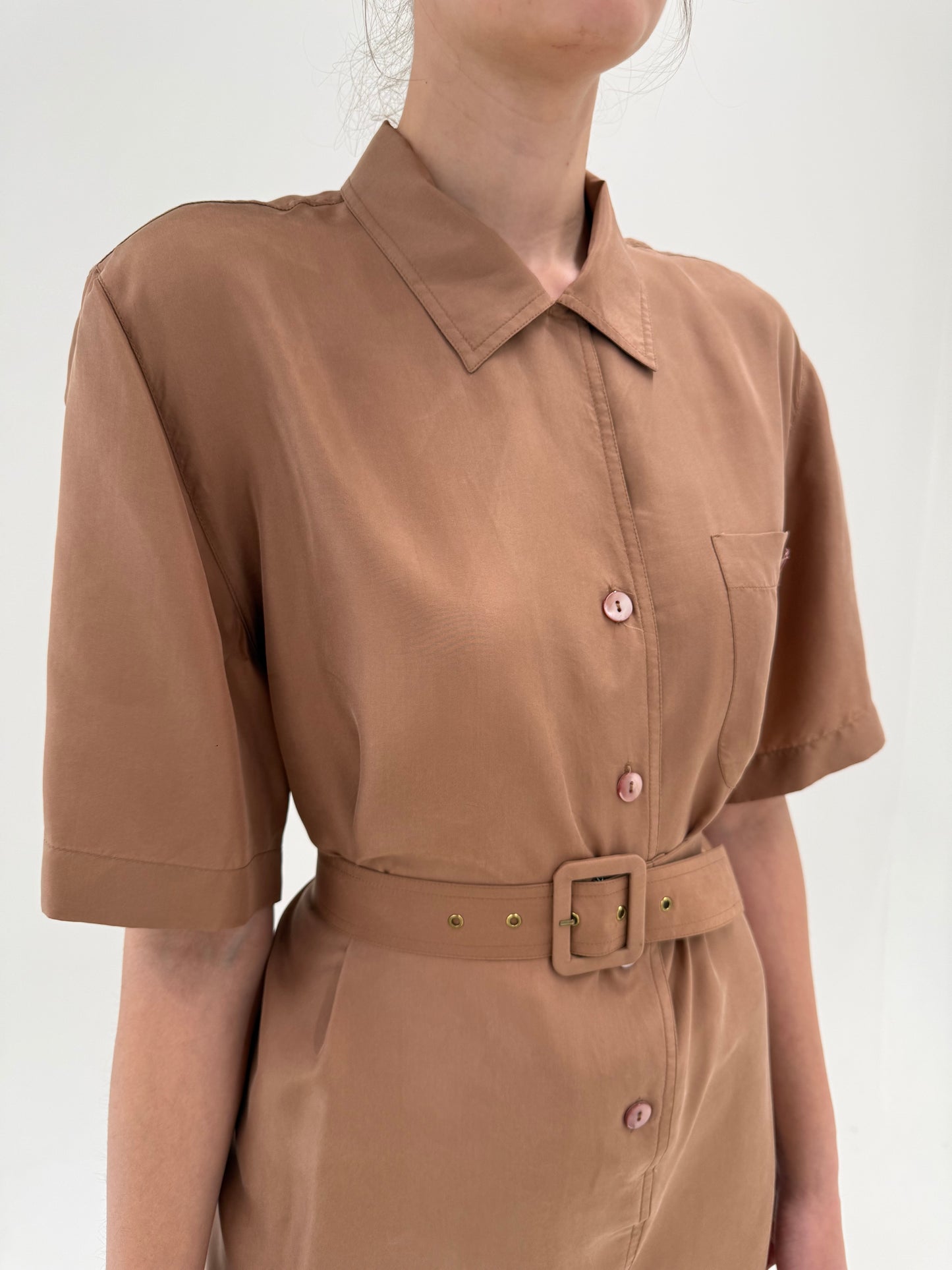 Rochie din mătase natural cafe au lait cu talie ultra înaltă reglabilă