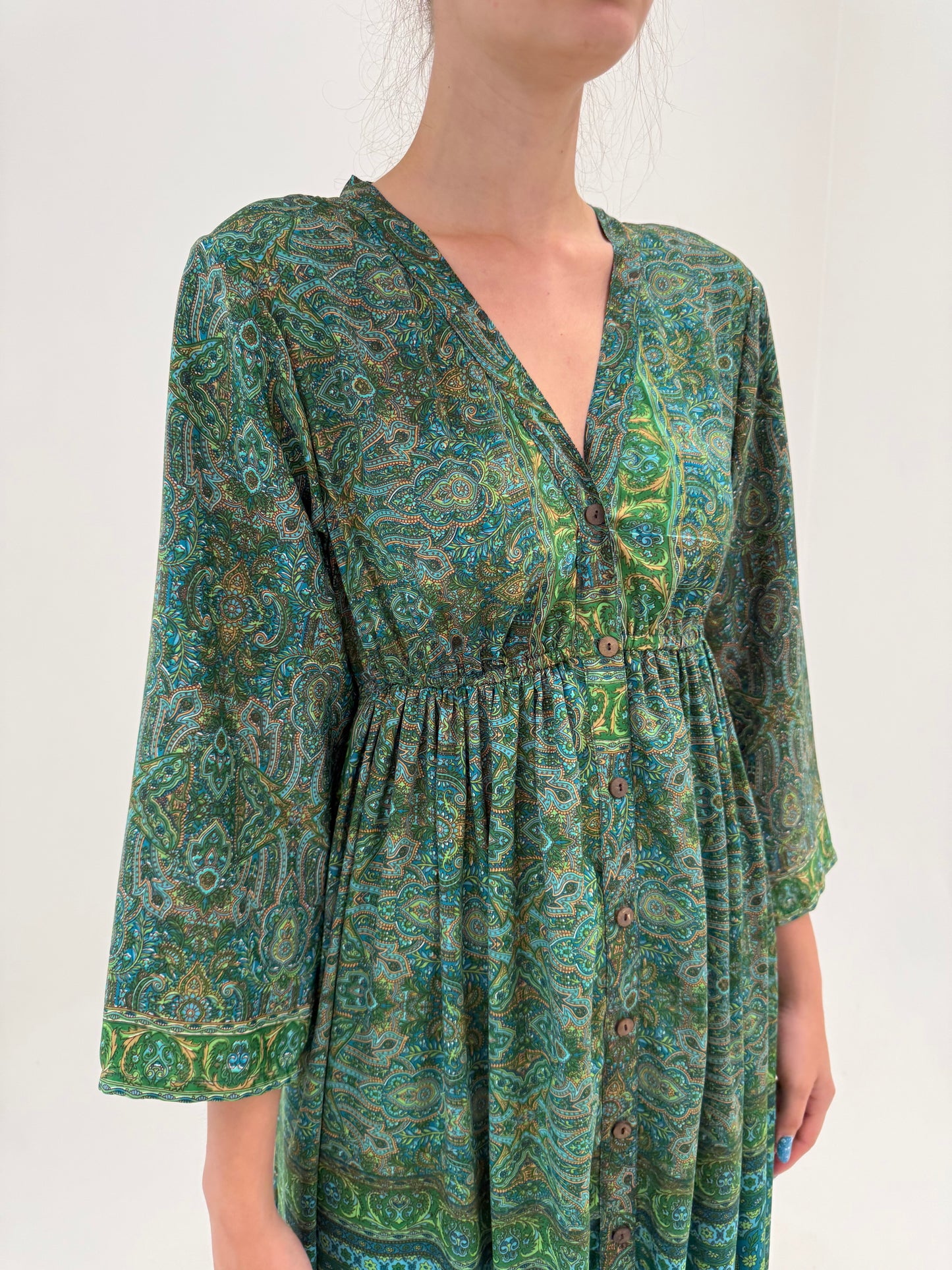 Rochie maxi boho tall 70% mătase naturală cu print paisley în nuanțe superbe de verde