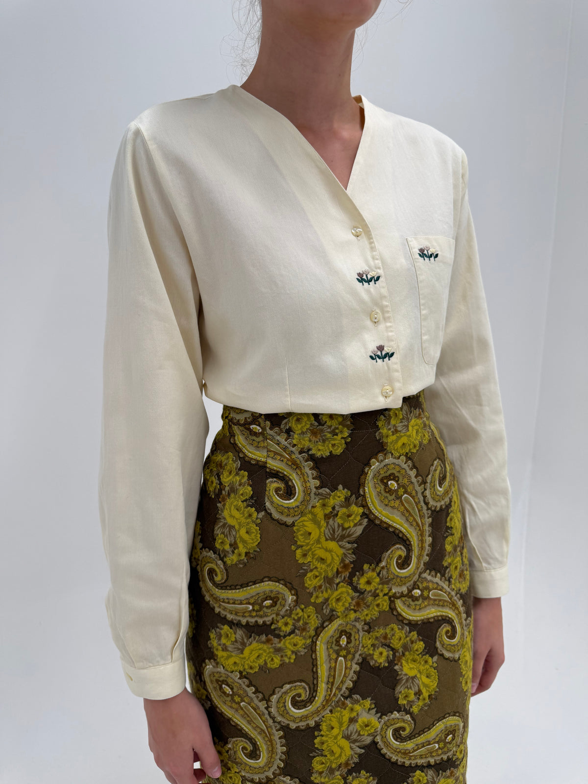 Cămașa vintage italiană butter yellow din bumbac piqué excepțional cu broderie