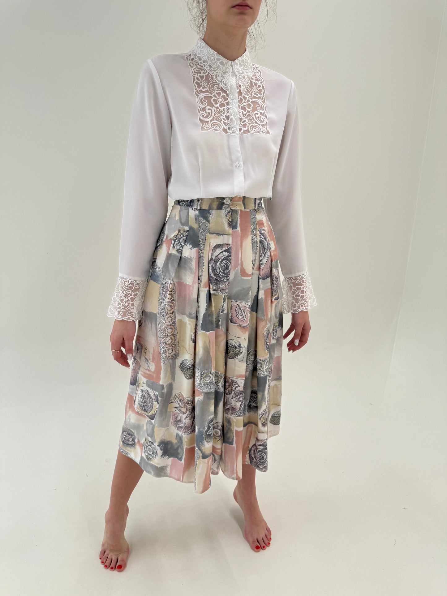 Fustă vintage pantaloni în culori pudrate cu talie ultra înaltă marcată elastică