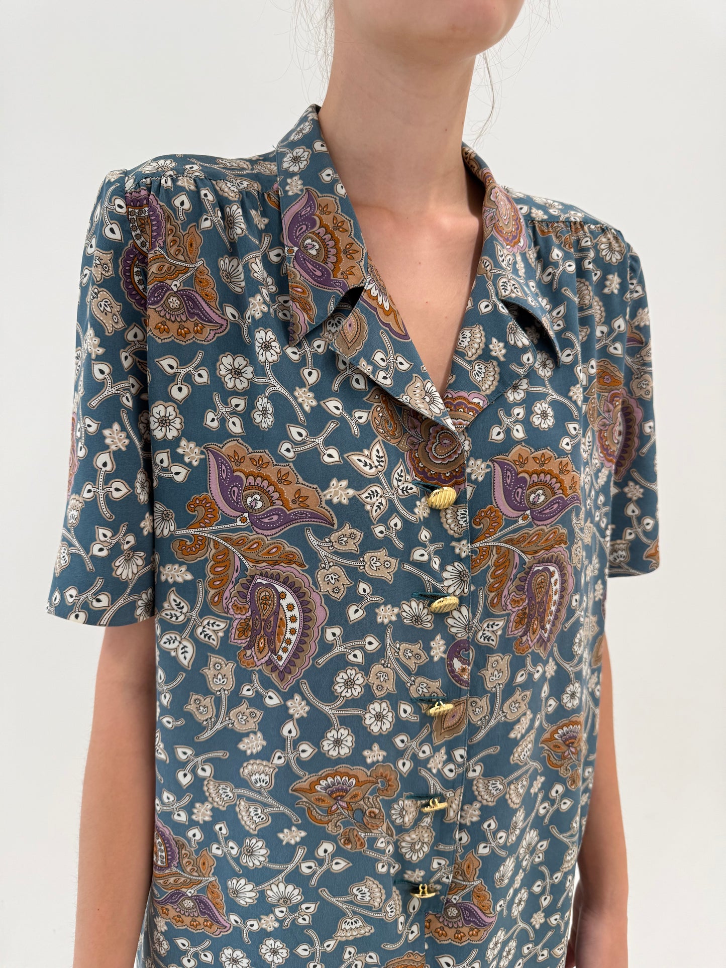 Rochie luxury Luisa Spagnoli din mătase naturală dusty blue cu print paisley