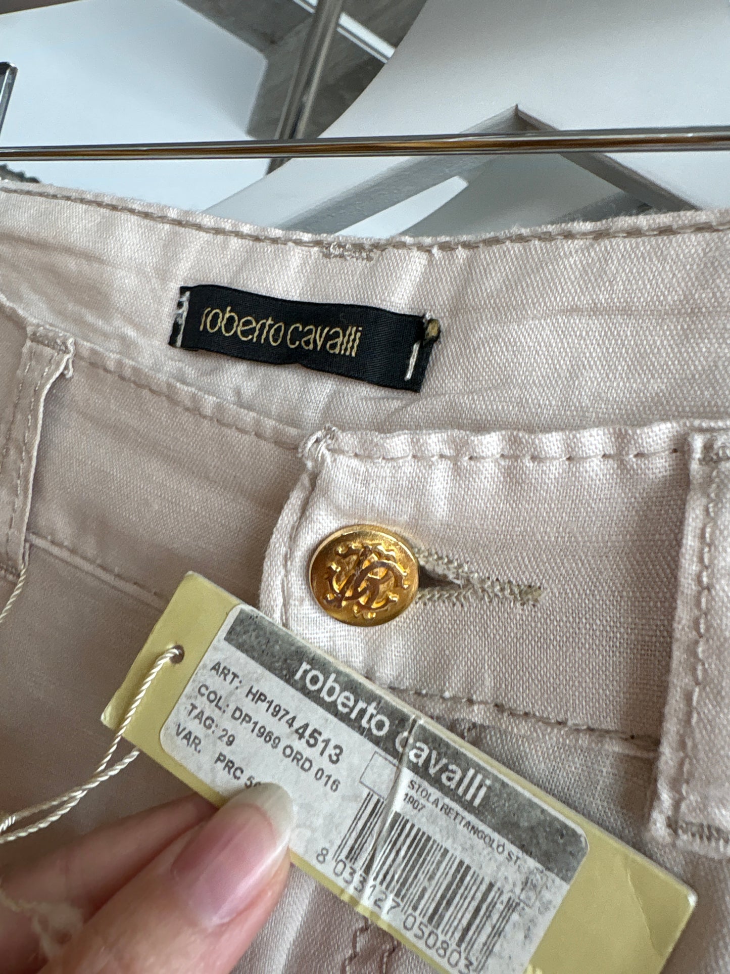 Pantaloni iconici Roberto Cavalli din pânză perlata noi cu etichetă off white