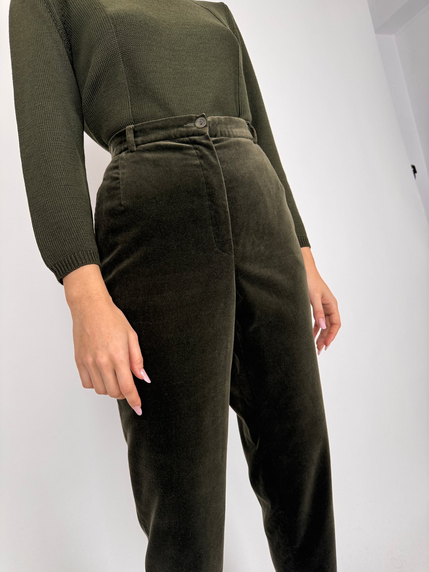 Pantaloni seaweed green din catifea premium cu talie înaltă elastică