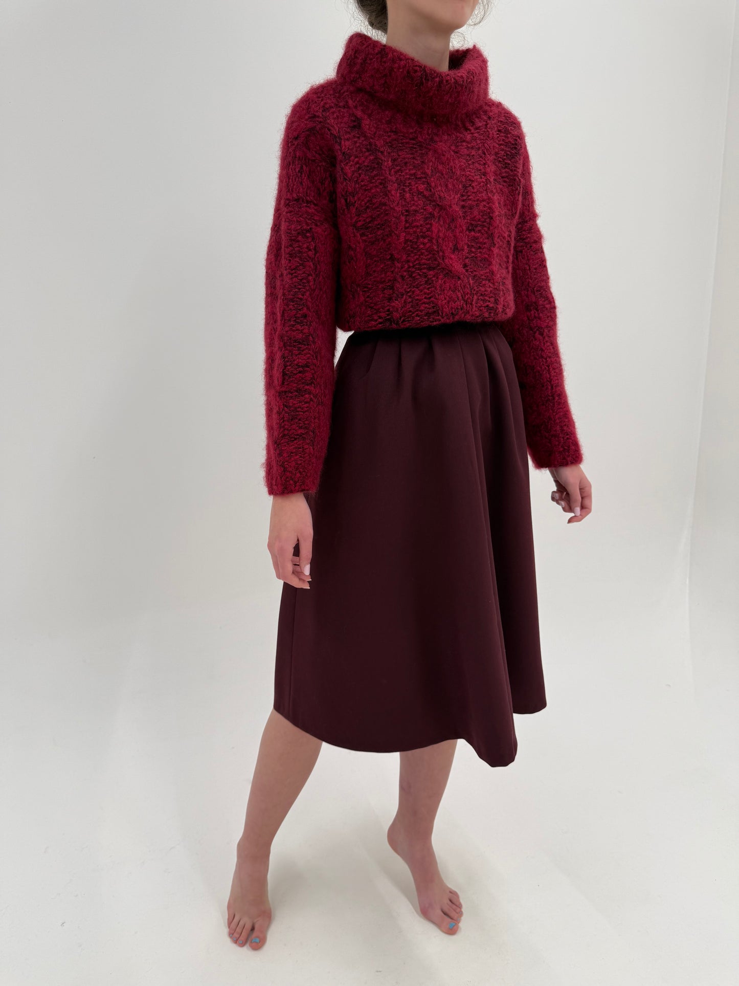 Fustă vintage burgundy în croi super amplu din lana plină extrafina