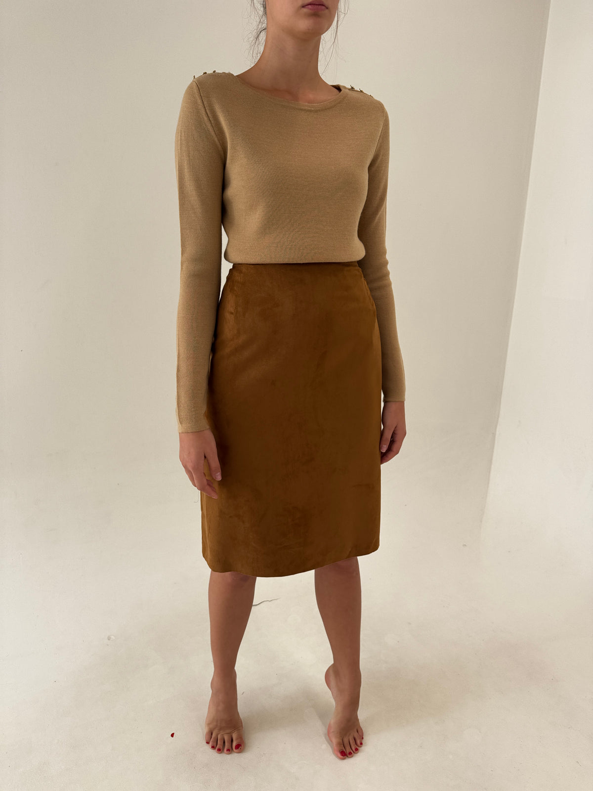 Costum vintage nou cu eticheta caramel brown și aspect de piele întoarsă