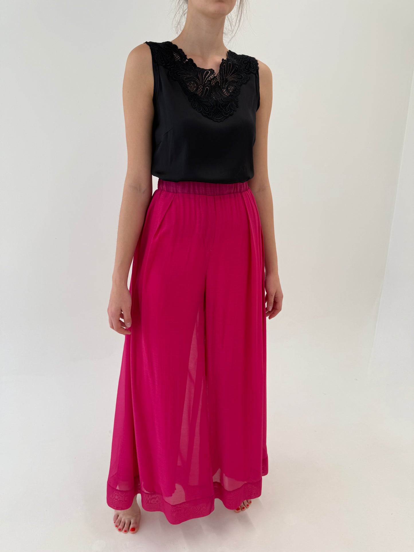 Pantaloni palazzo fucsia super vaporoși tall cu talie ultra înaltă