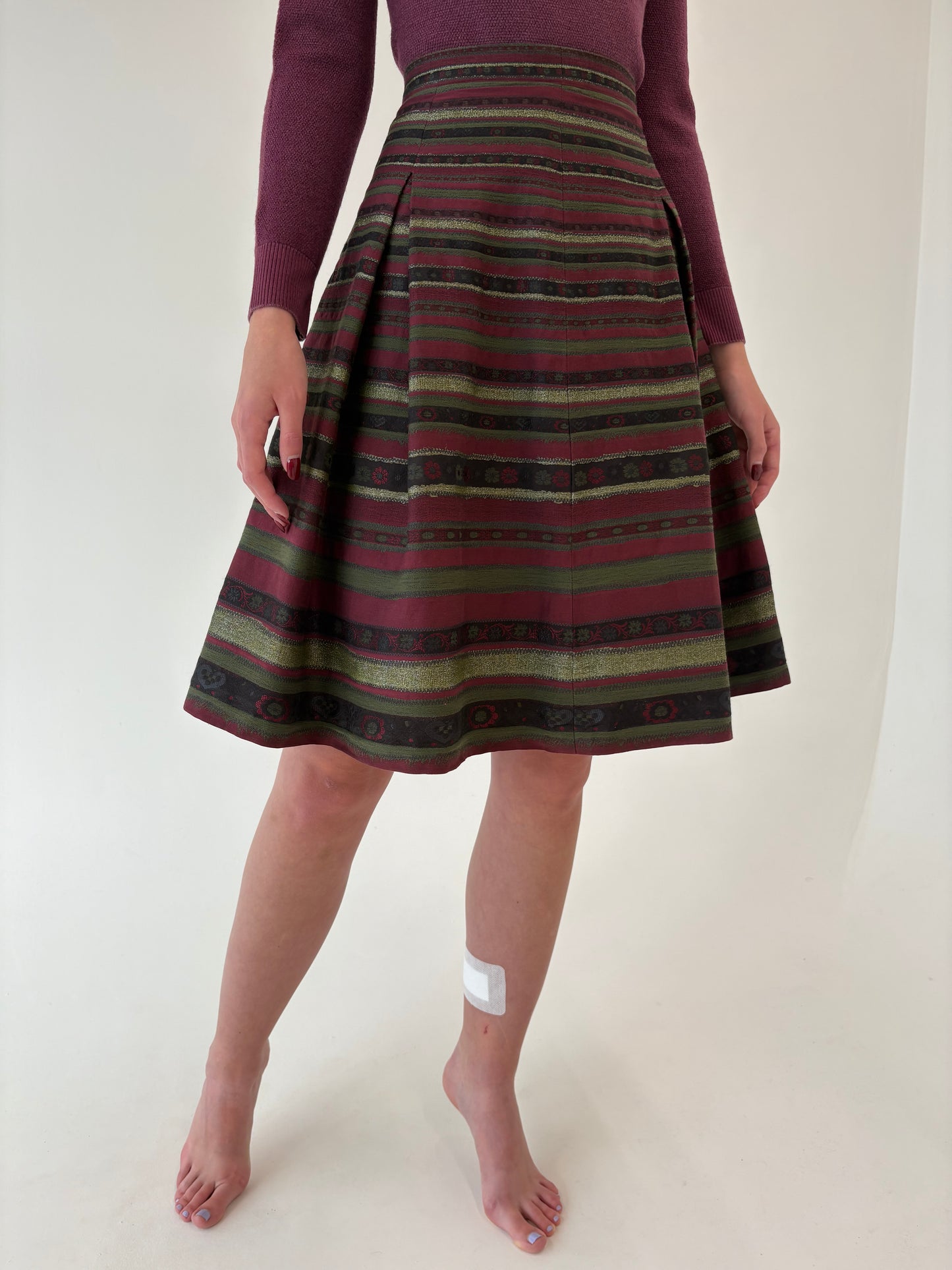 Fustă vintage din brocart de lans burgundy cu forest green