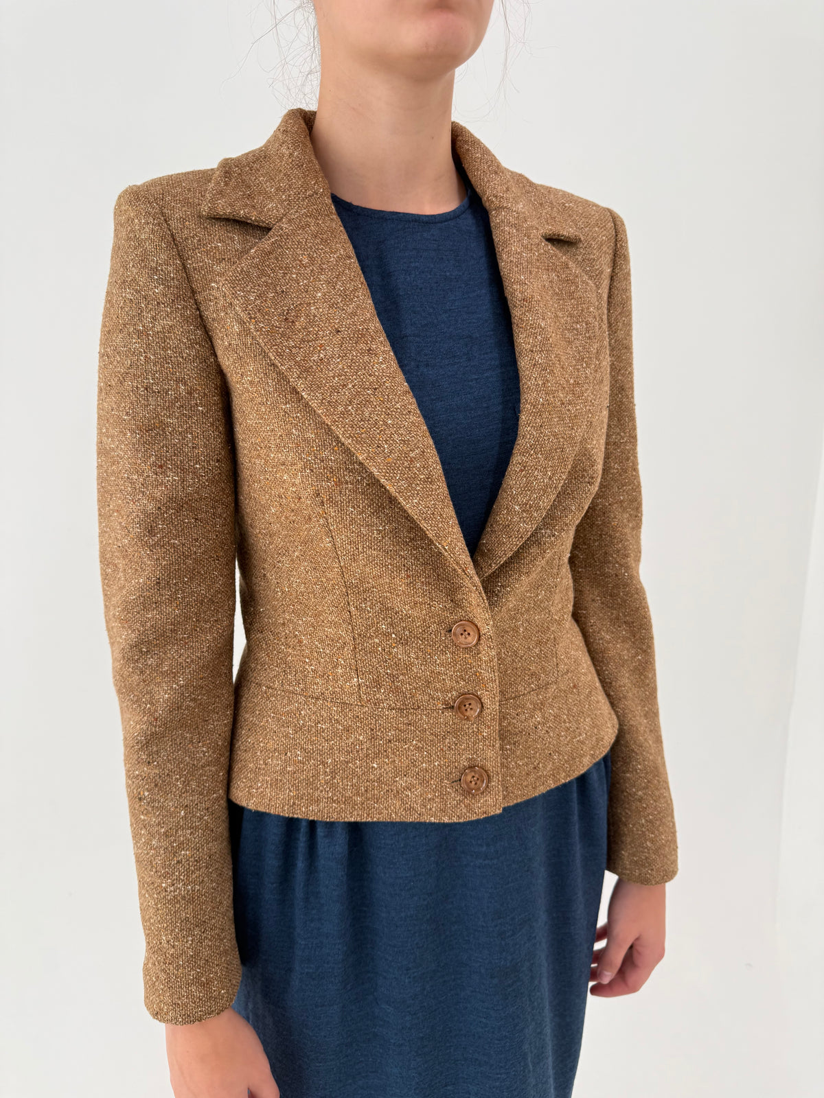 Sacou Luisa Spagnoli din tweed Donegal camel de lana și mătase naturală cambrat