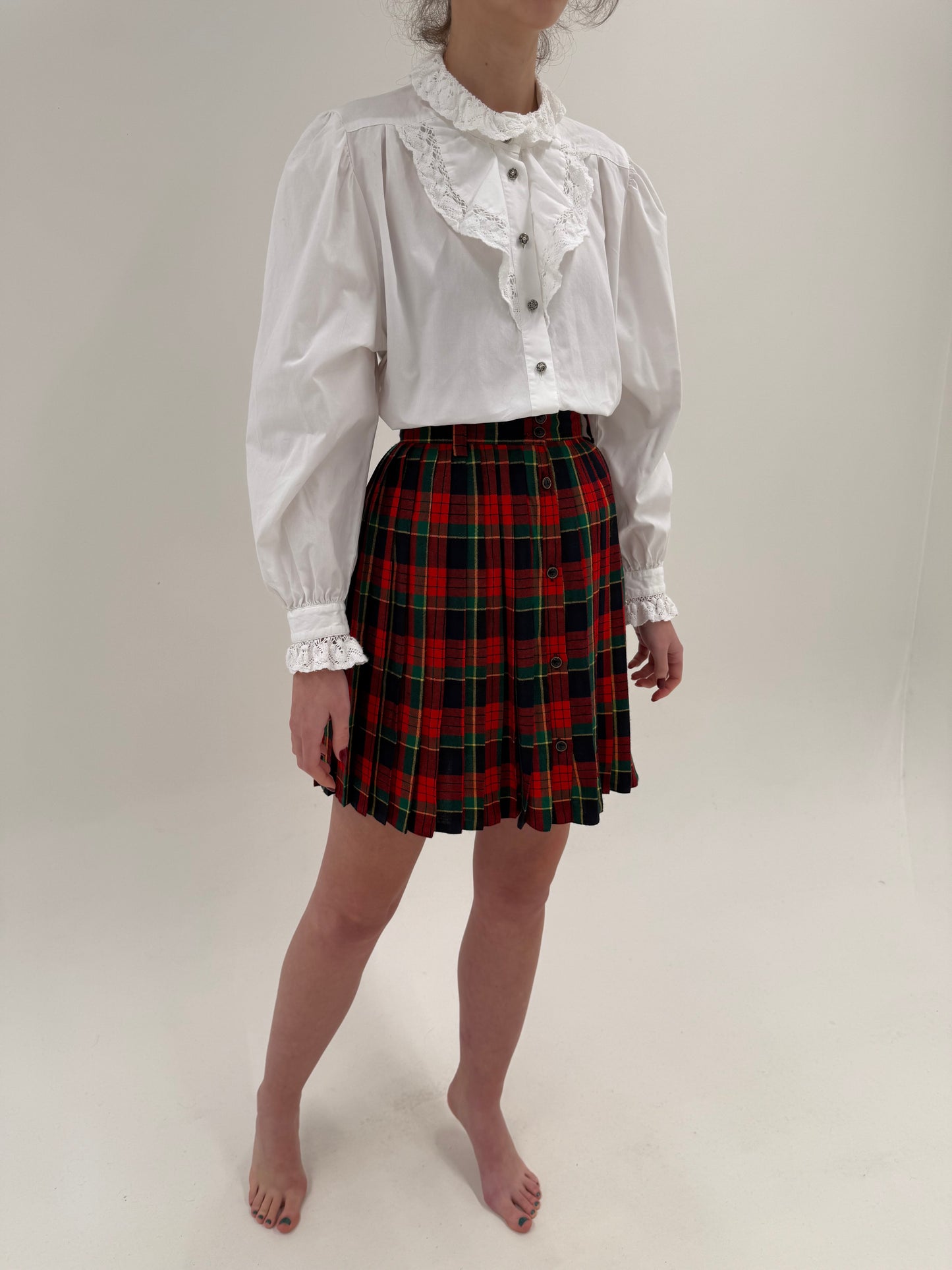 Fustă vintage plisată din Tartan gros de lana cu talie ultra înaltă