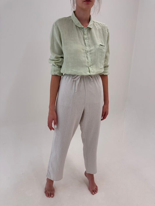 Pantaloni tall din in warm gray cu talie ultra înaltă reglabilă elastică