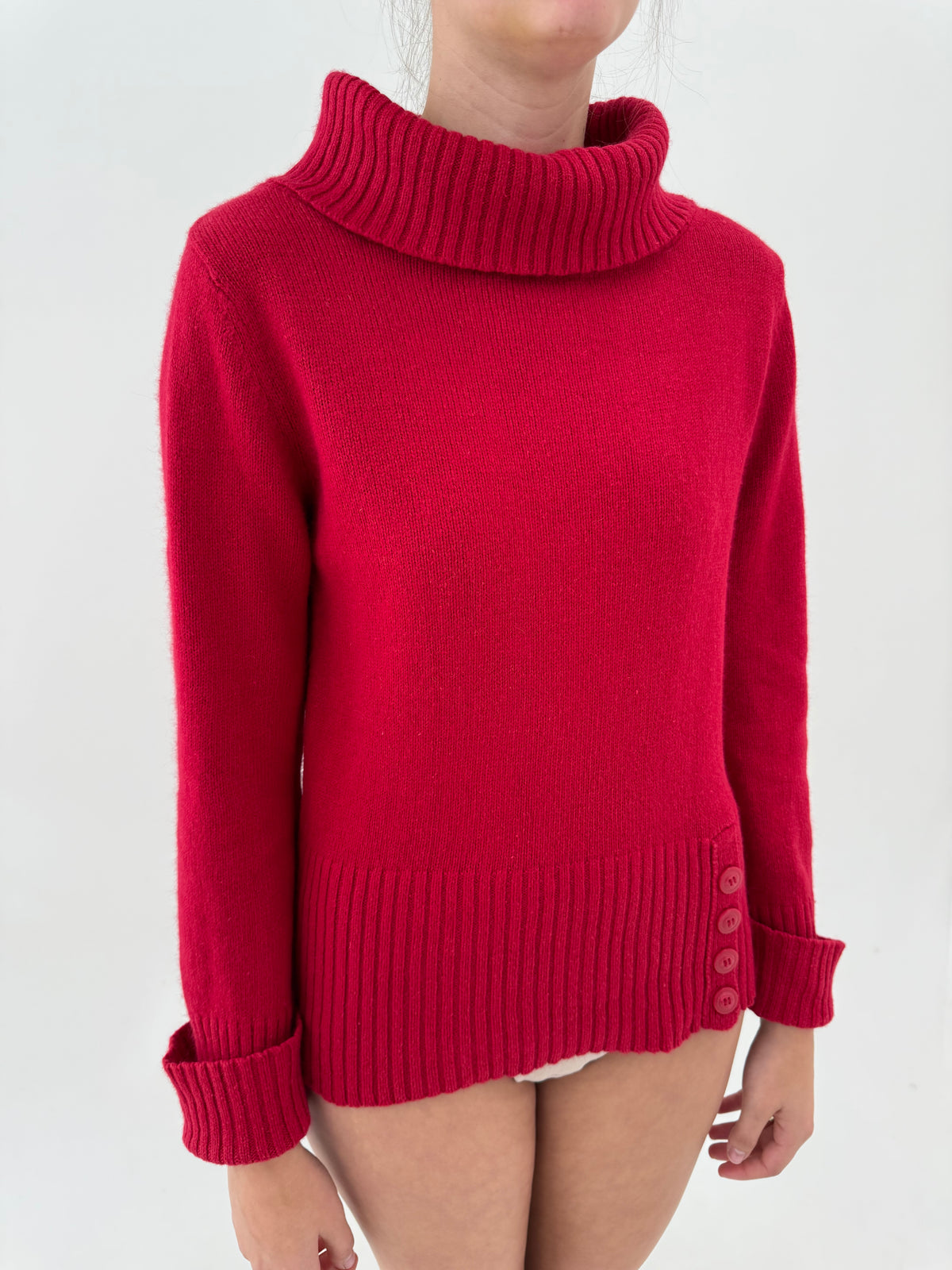 Pulover italian raspberry red din ramie cu Angora si Fold-over cowl neck