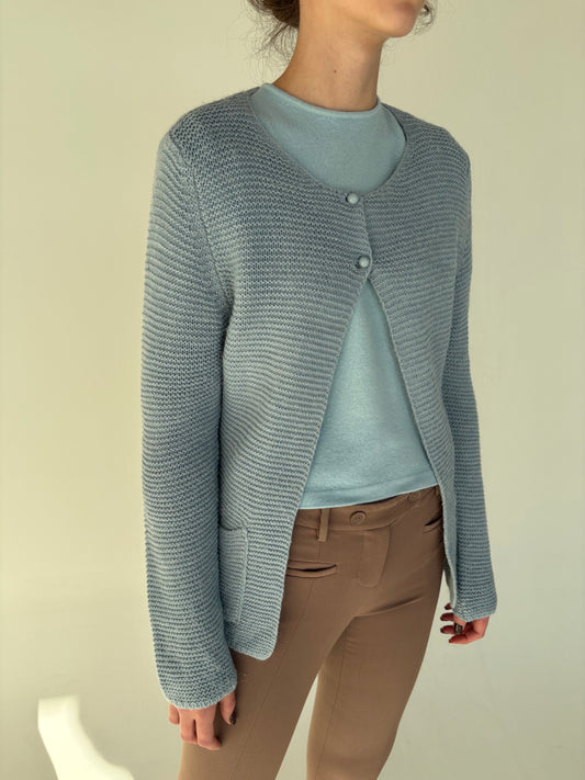 Cardigan italian tall baby blue din lana extrafina multiply de gramaj mare