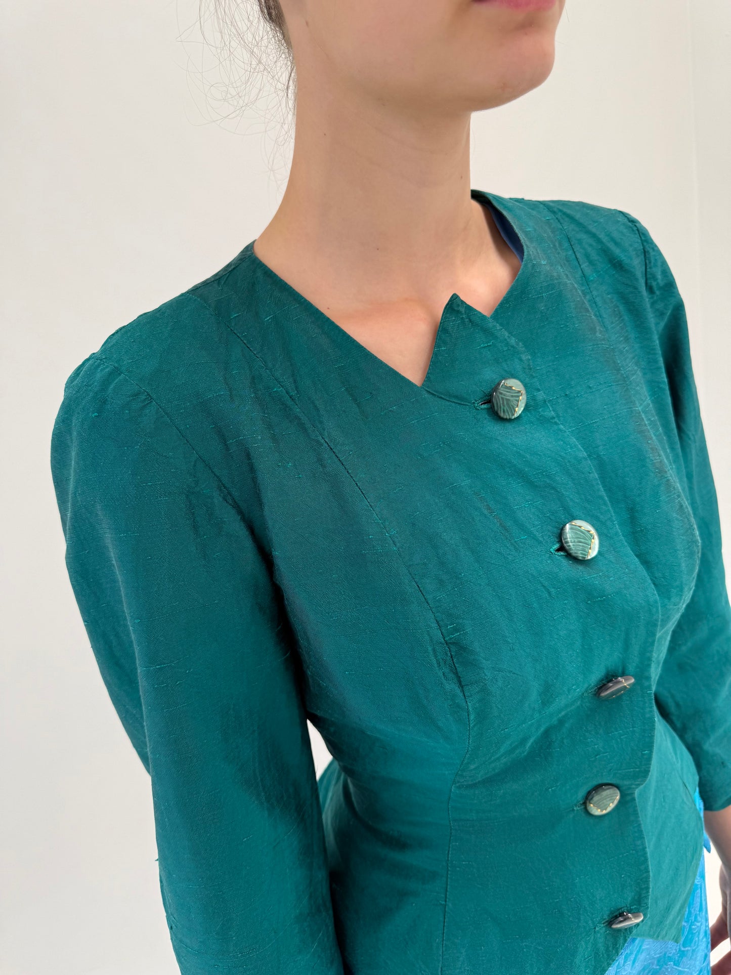 Sacou vintage ultra cambrat din mătase naturală dupioni dark emerald green