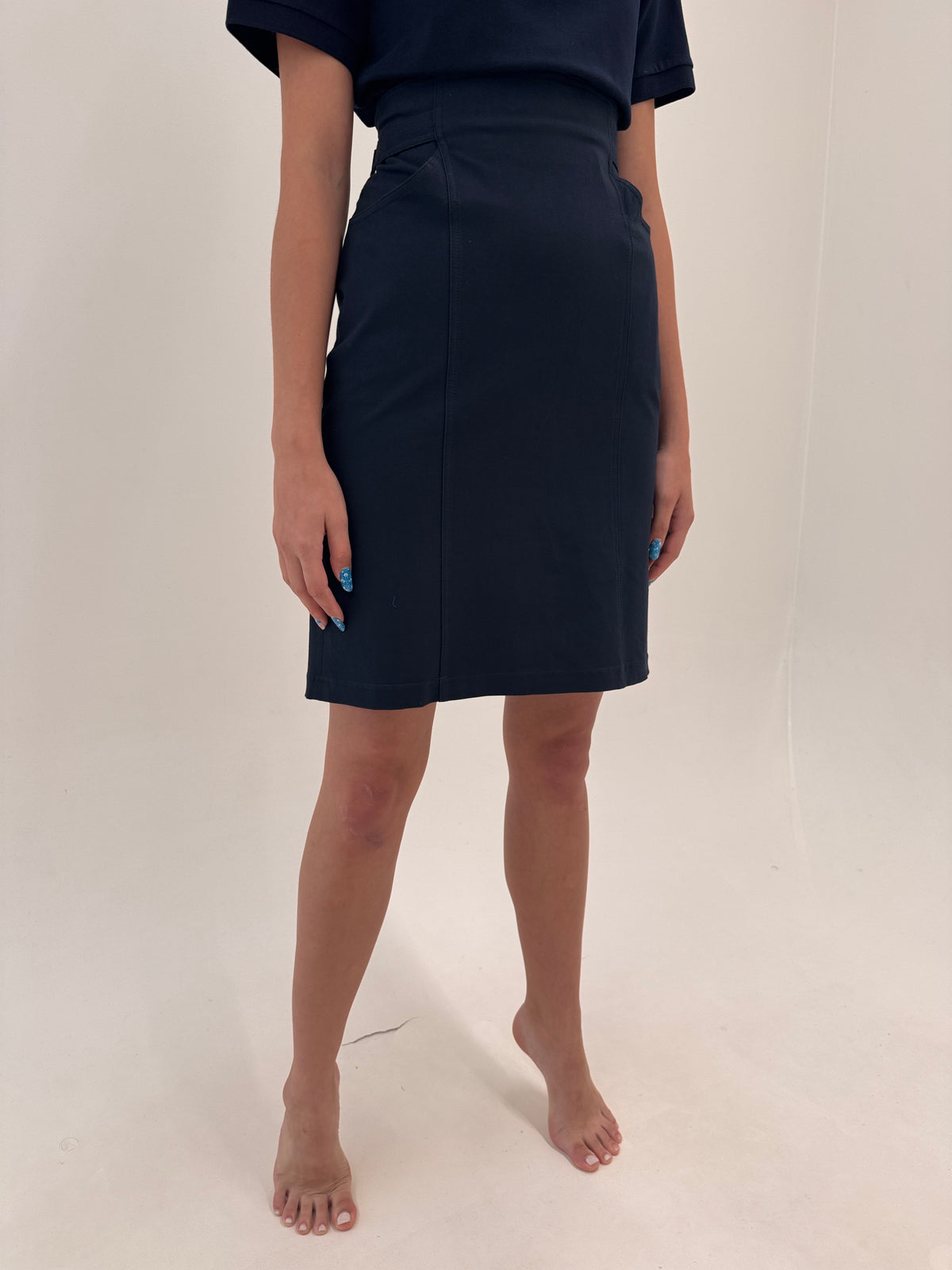 Fustă Navy Max Mara din bumbac modelator ultra confort cu talie ultra înaltă