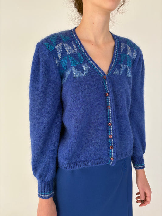 Cardigan vintage petite gros albastru regal din baby mohair