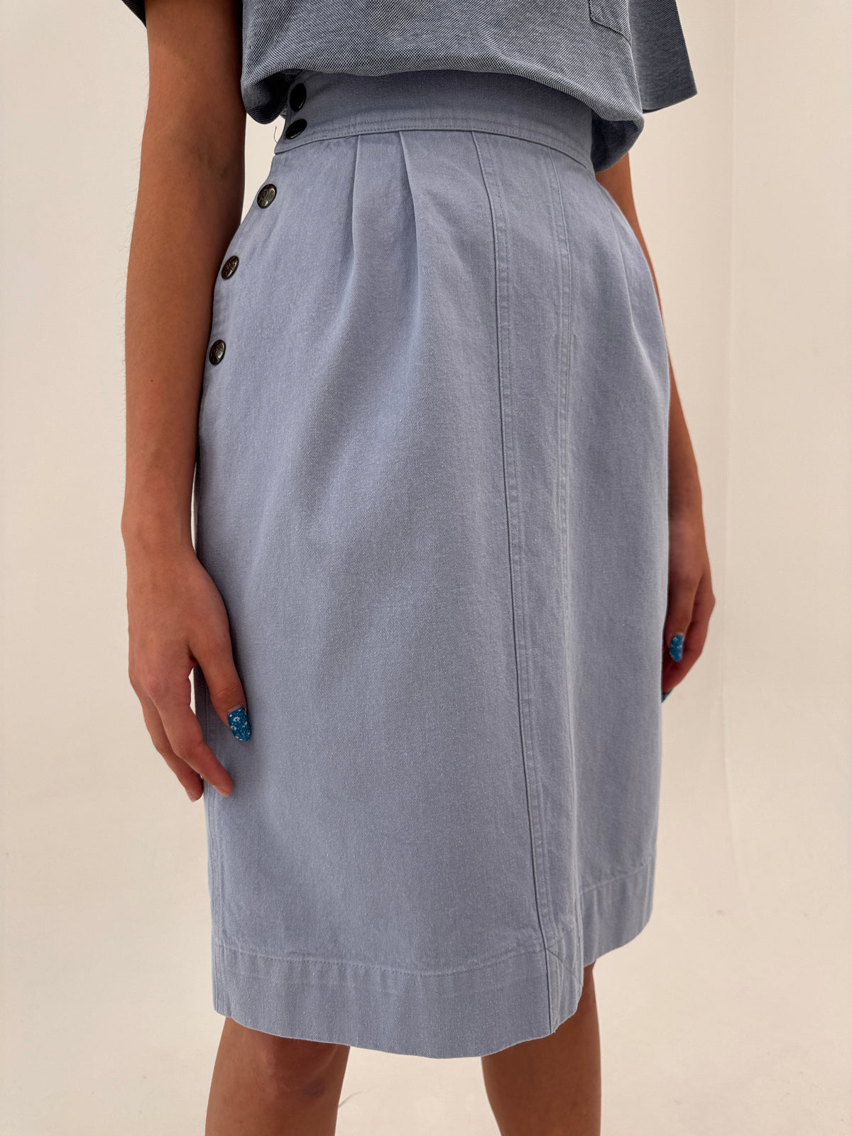 Fustă Fendi vintage din jeans light blue cu talie extrem de marcată midi