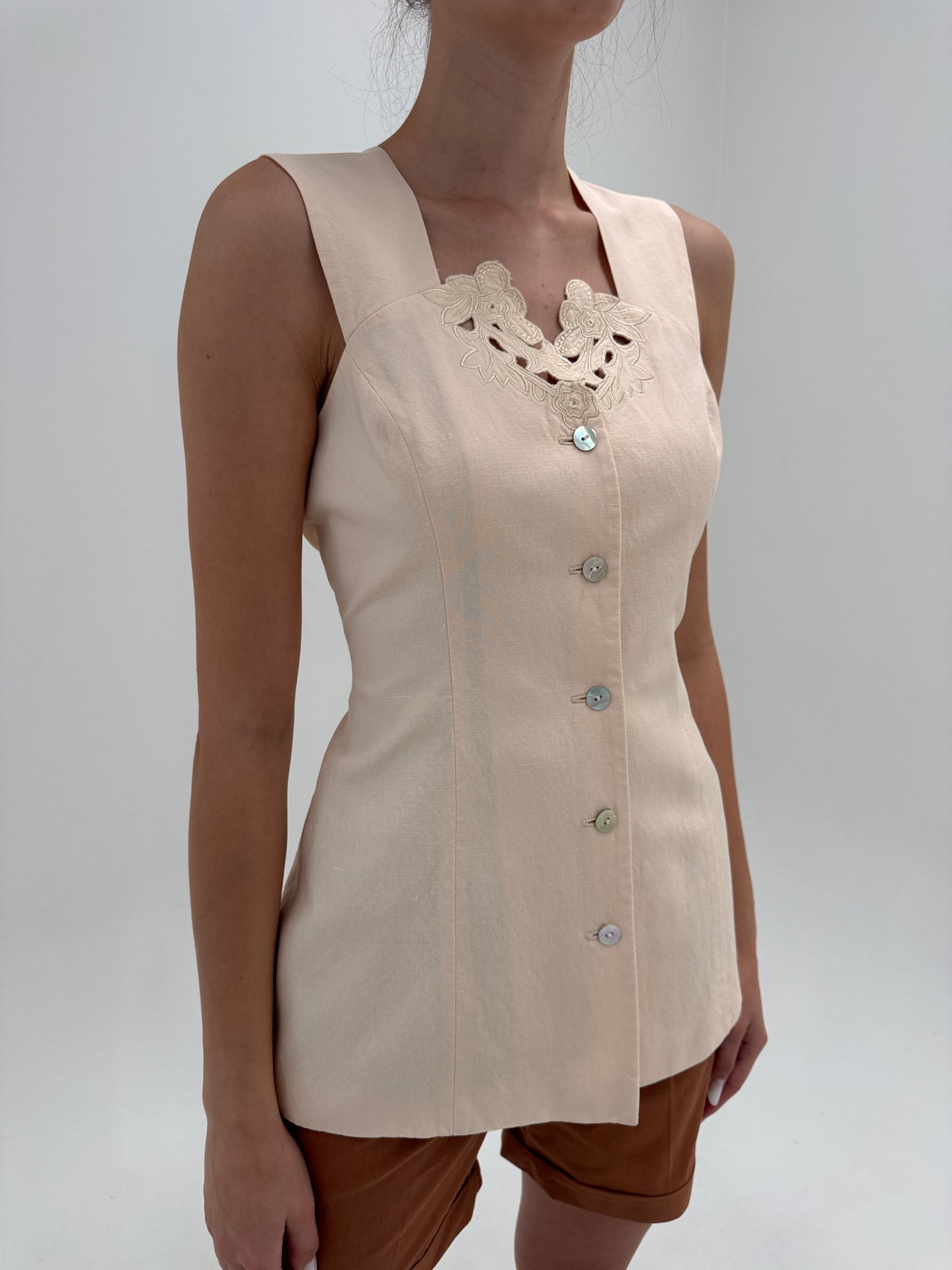 Corsaj vintage excepțional pink nude din pânză de in și bumbac cu broderie