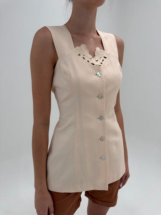 Corsaj vintage excepțional pink nude din pânză de in și bumbac cu broderie