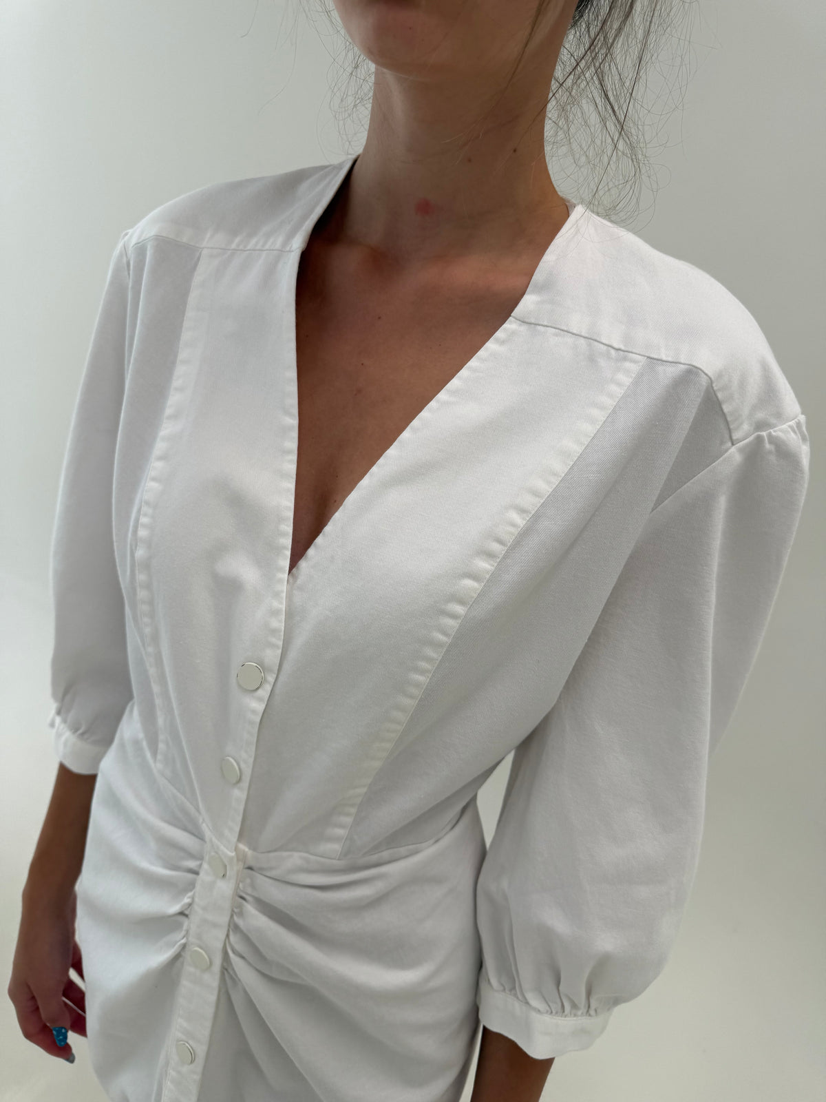 Rochie cu talie fronsata din canvas de bumbac cu mâneci ușor bufante