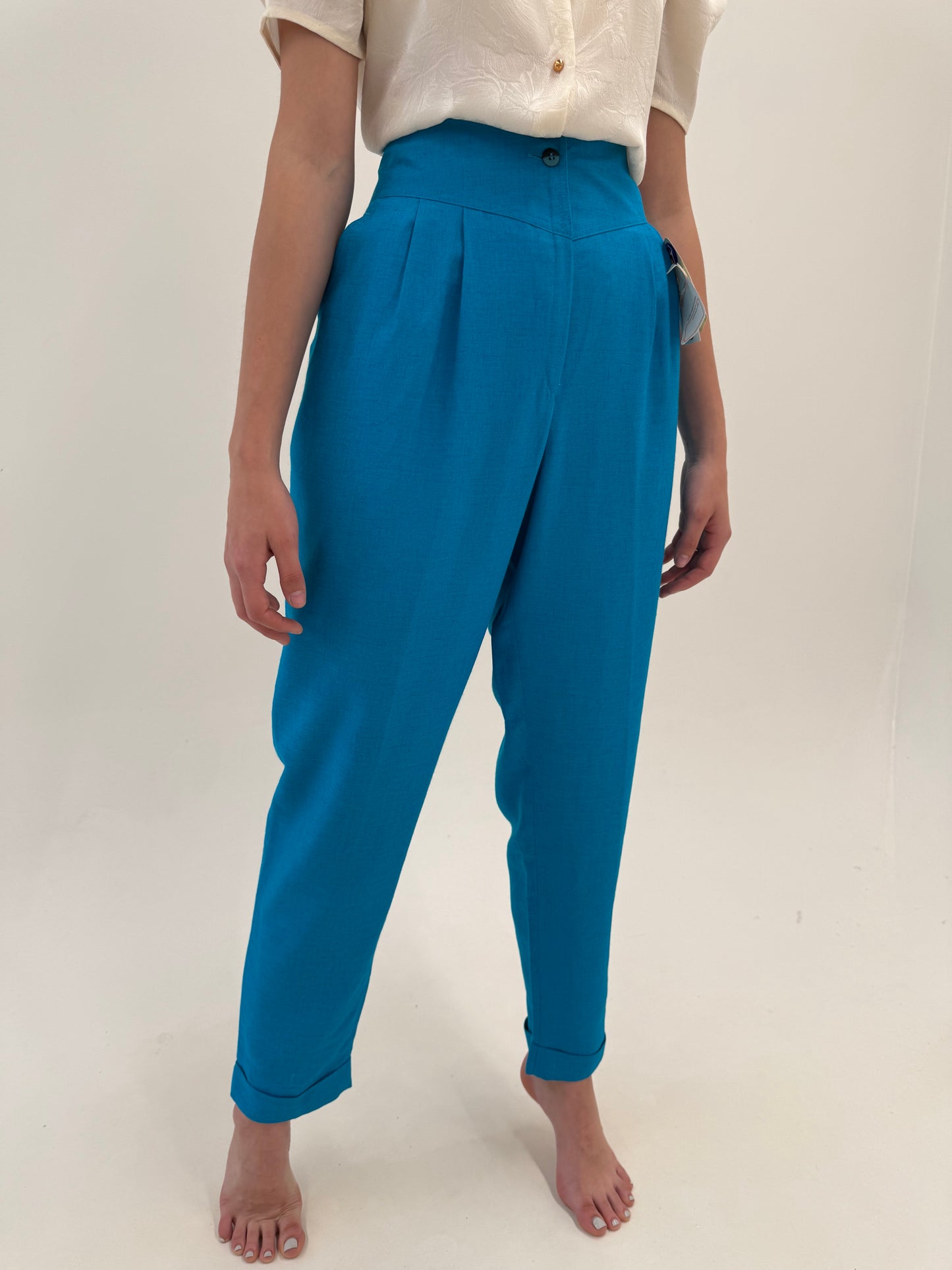 Pantaloni vintage noi din pânză cu talie ultra marcată extrem de înaltă