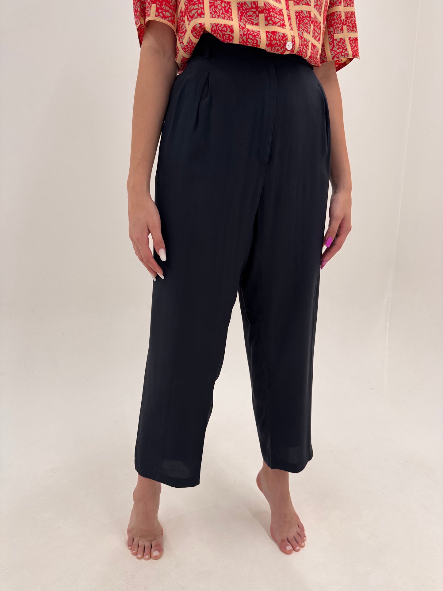 Pantaloni negri tall din mătase naturală cu talie ultra înaltă elastică de la zi la seară