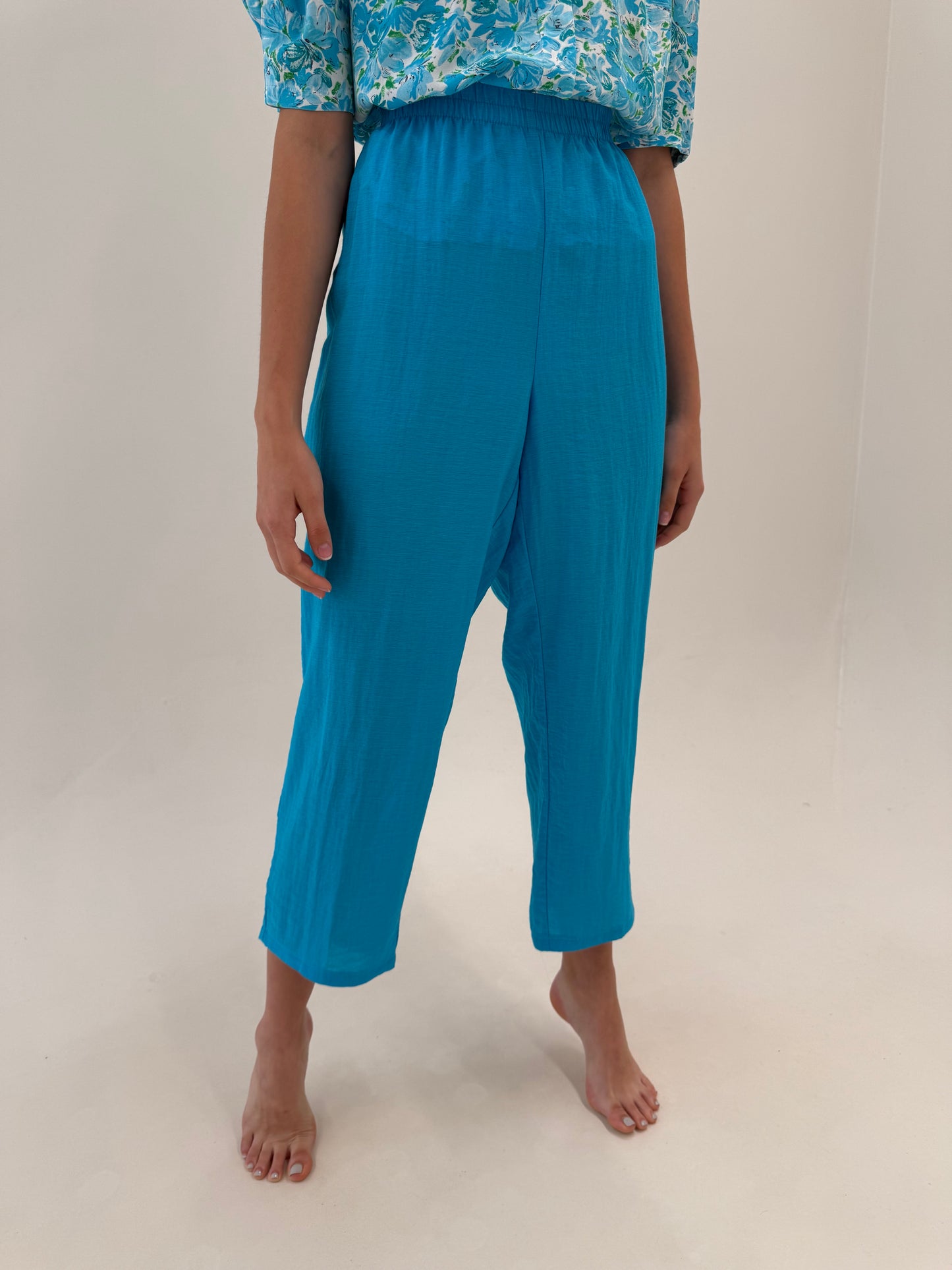Pantaloni tall turcoaz super vaporoși cu talie ultra înaltă elastică