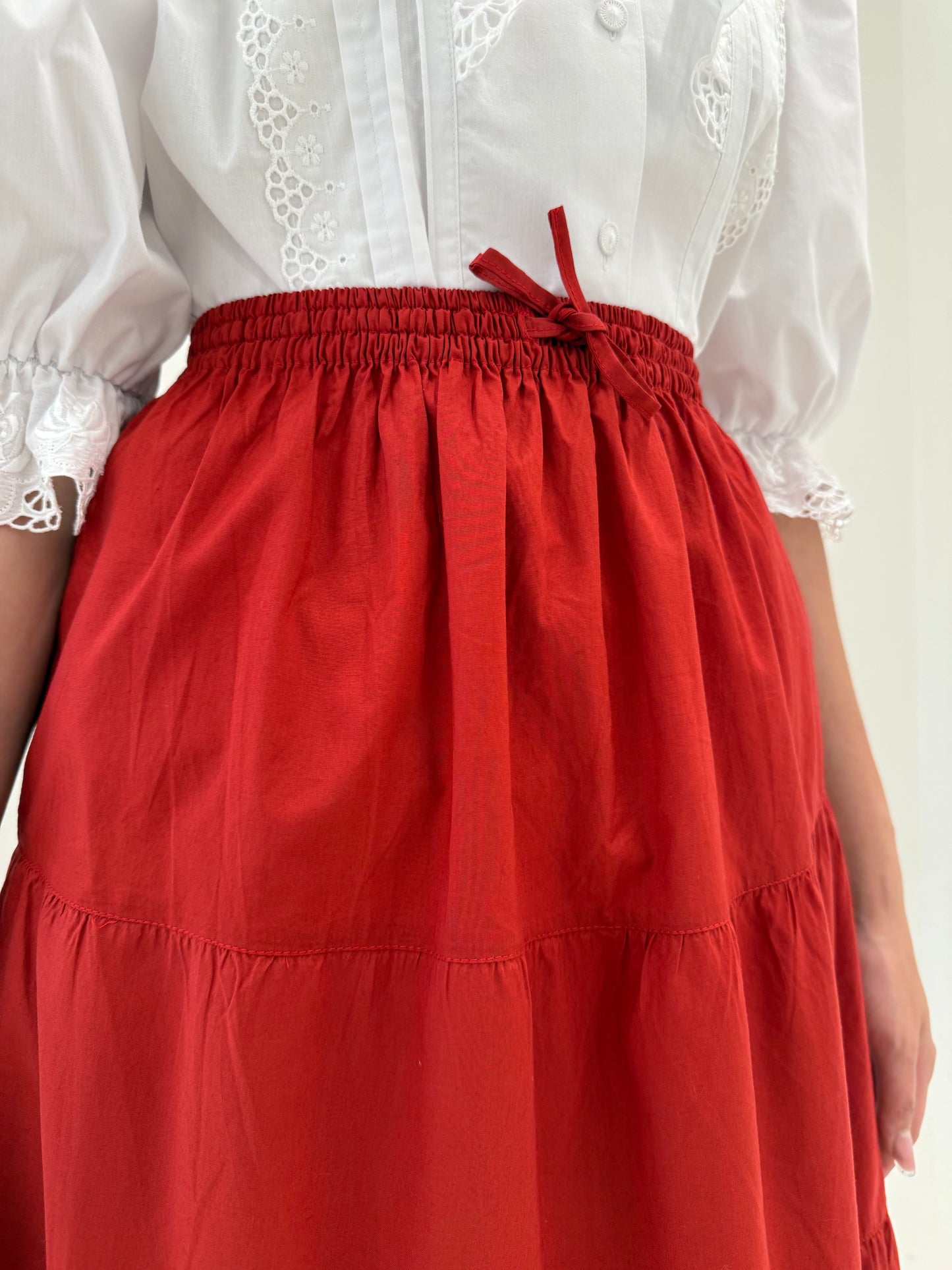 Fustă maxi brick red ultra amplă din poplin premium de bumbac cu broderie