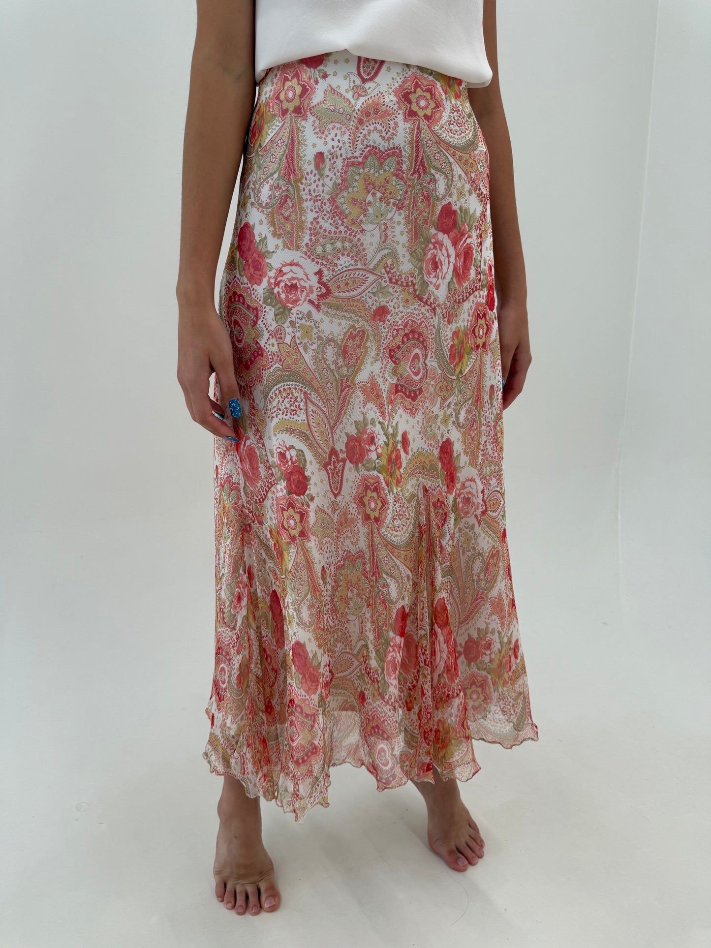 Fustă maxi din mătase naturală in bie cu print paisley