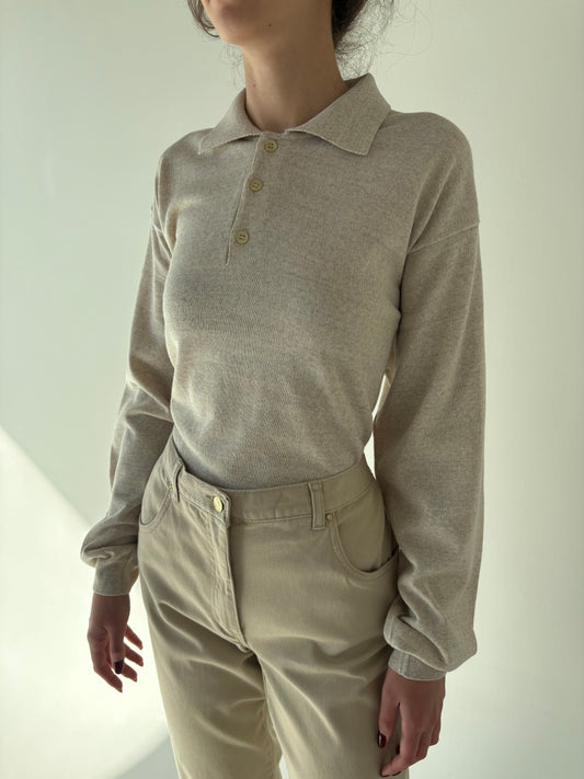 Pulover tall polo light nude din lana merino extrafina multiply